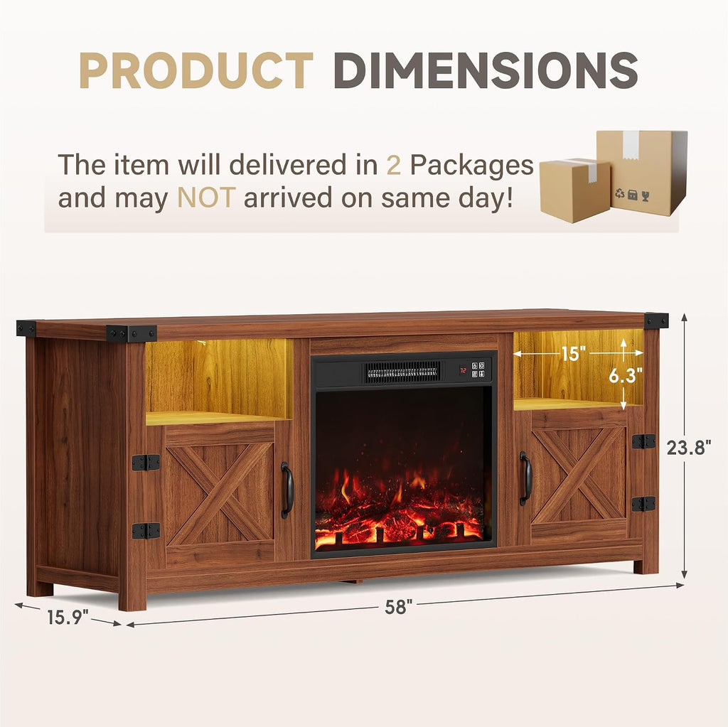 Furmax LED Entertainment Center with Fireplace, Fireplace TV Stand with Storage Cabinets and 2 Open Shelves, Modern Media TV Console for Living Room (Dark Brown)