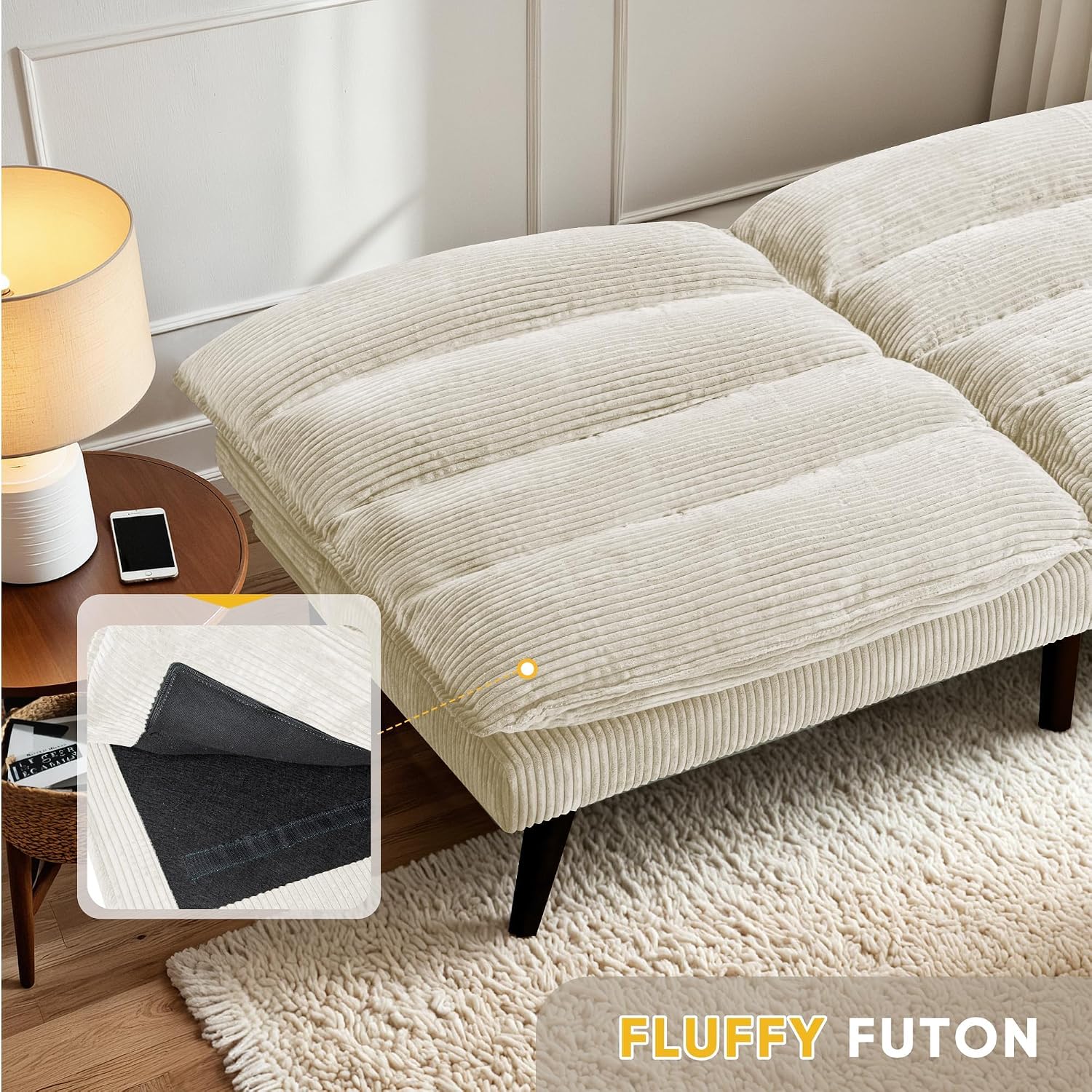 Flamaker Convertible Futon Sofa Bed Futon Couch with Adjustable Back Upholstered Sleeper Sofa Bed for Living Room Furniture (Corduroy, White)