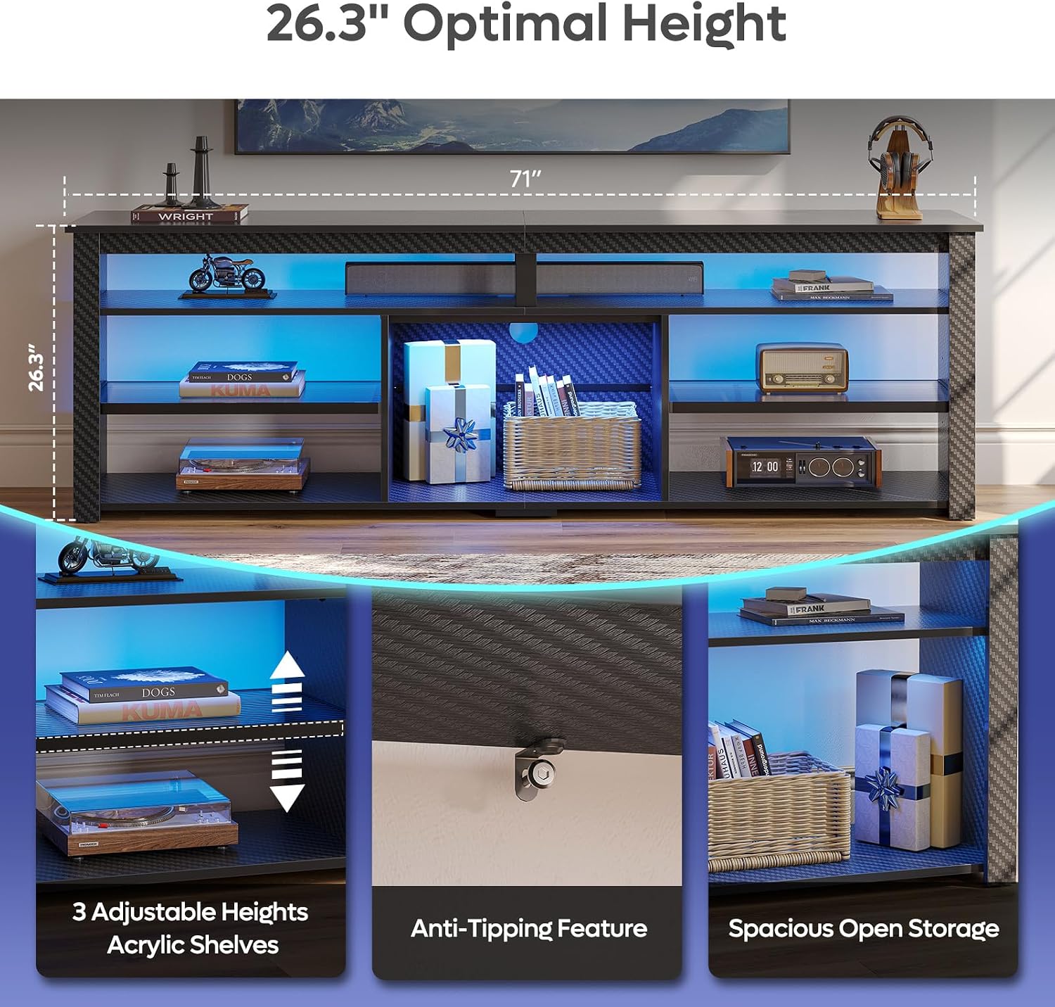 Bestier Tall TV Stand for 75 inch TV, LED Entertainment Center, Gaming TV Console with Storage for PS5, Modern TV Cabinet for Bedroom, Living Room, Black Carbon Fiber