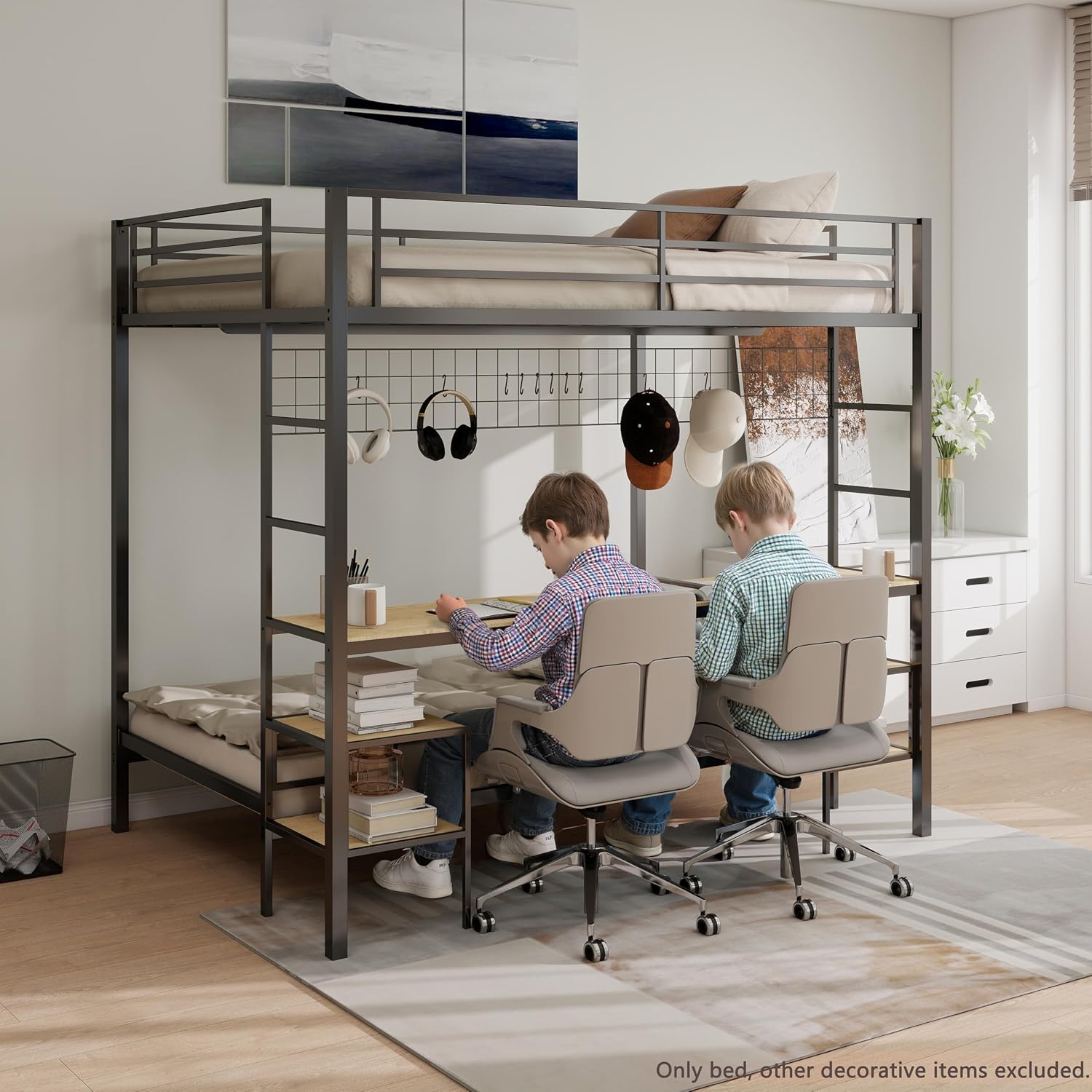 Bellemave Full Over Twin bunk Bed with Desk, loft Bed with Desk and Shelves, Full Over Twin Metal Bunk Beds with Charging Station, Black & Nature Oak