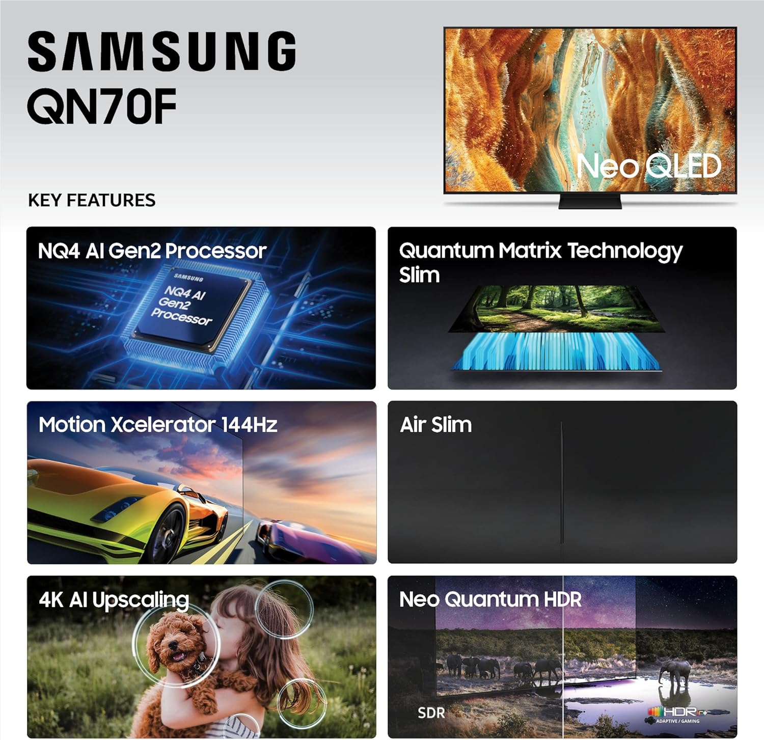 Samsung 55-Inch Class Neo QLED QN70F 4K Mini LED Smart TV (2025 Model) NQ4 AI Gen2 Processor, Quantum Matrix Technology Slim, Motion Xcelerator 144Hz, Samsung Vision AI, Alexa Built-in