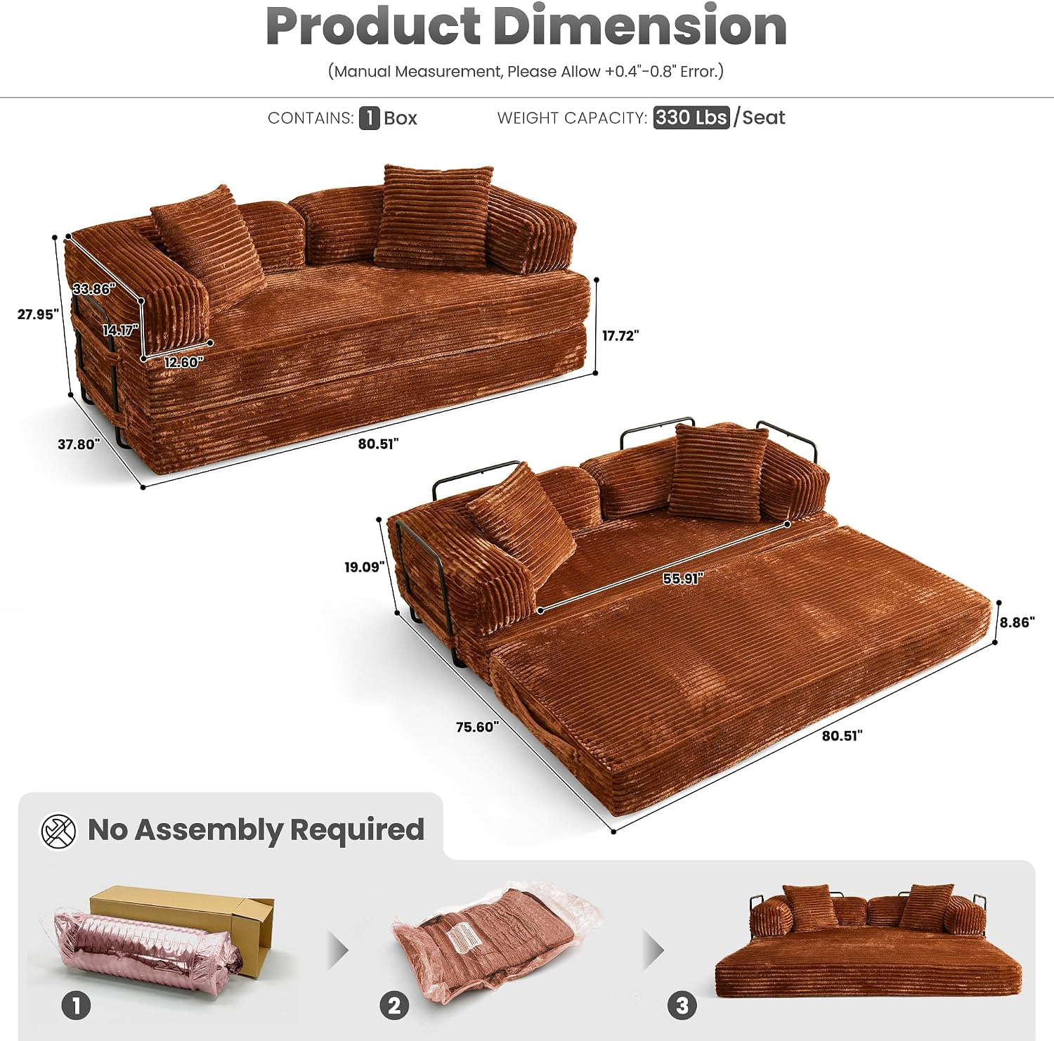 ovios 81' Folding Sofa Bed, Foldable Sleeper Boneless Couch with Pull Out Beds, Modular Convertible Floor Futon Loveseat Lounger for Living Room (Faux Fur, Brown)