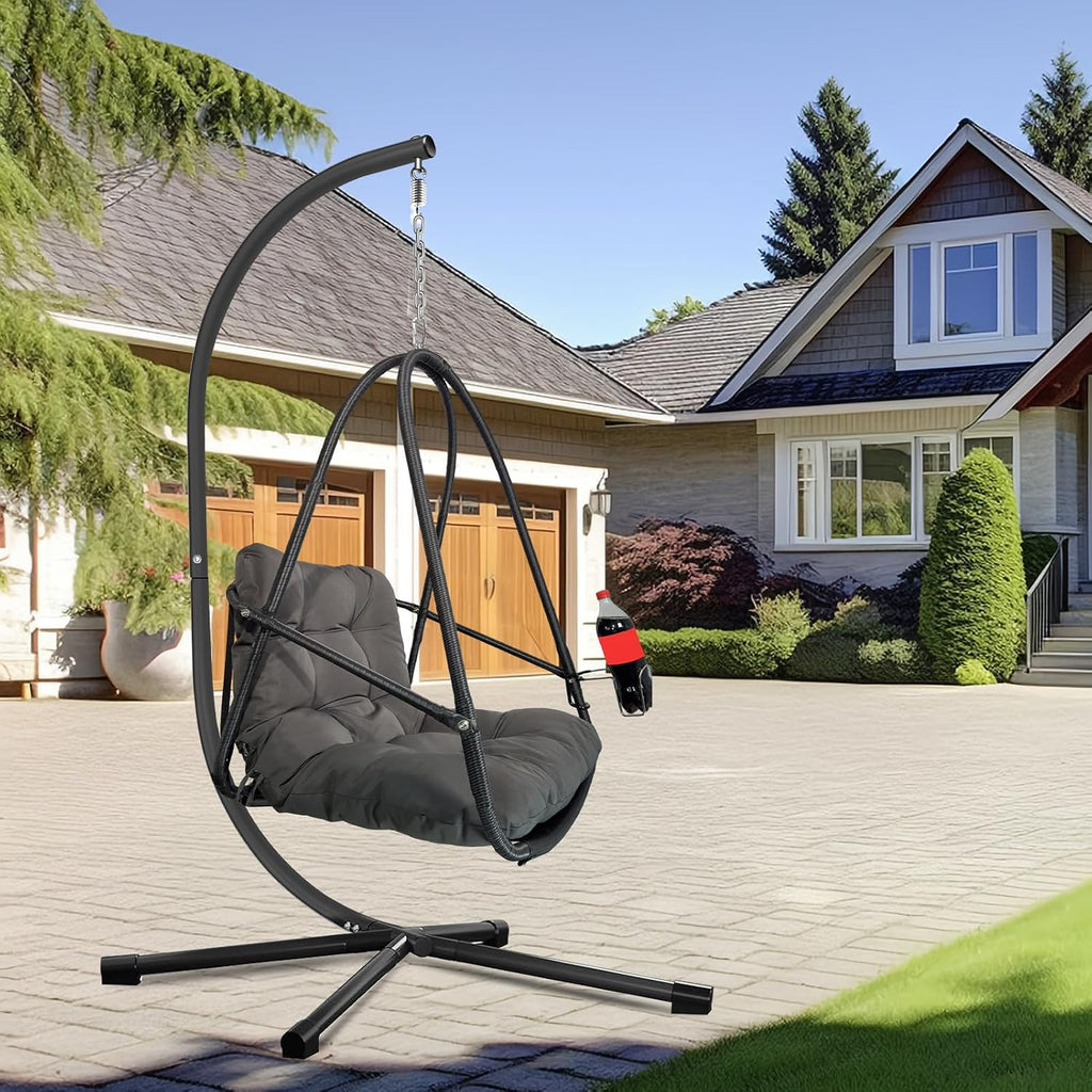 JESE Swing Egg Chair with Stand Foldable Frame Hanging Chairs for Indoor Outside,with UV Resistant Waterproof Cushion and Cup Holder,Swing Hammock Chairs for Patio,Bedroom,Balcony, Garden-350lbs BLACK