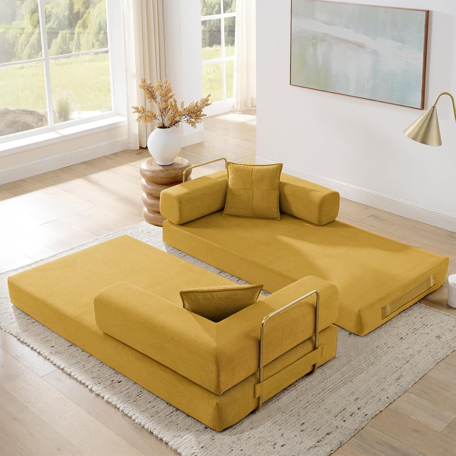 Antetek 78' Convertible Futon Sofa Bed, 3-Seater Modern Corduroy Foam Floor King Size Bed Foldable Sleeper Lounge Loveseat Sofa Couch with 2 Throw Pillows for Living Room Bedroom Guest Room, Yellow