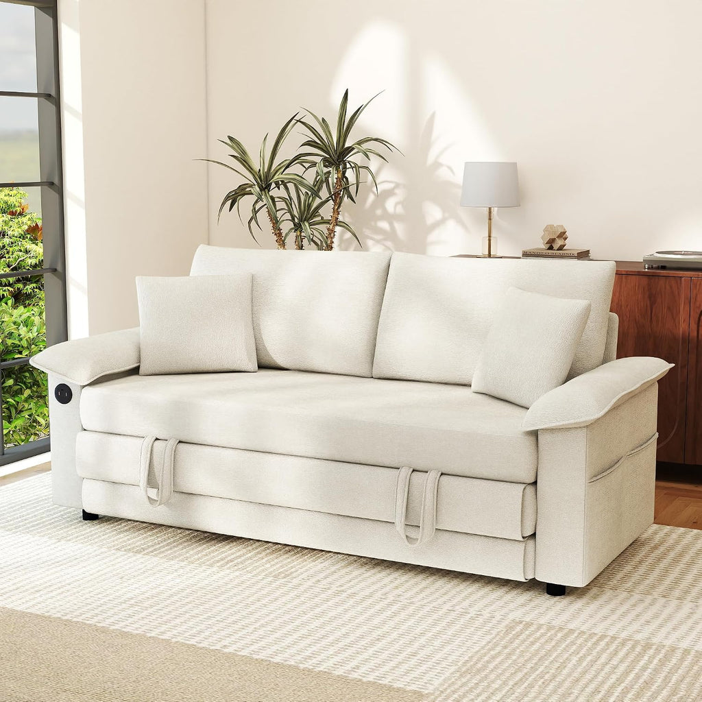 SUNWAVE 77' Sleeper Sofa Convertible Sofa Bed with USB Ports & Side Pockets, Chenille Loveseat Pull Out Couch with Full Size Sleeping Area, Folding Sofa Bed for Living Room & Small Spaces (Ivory)