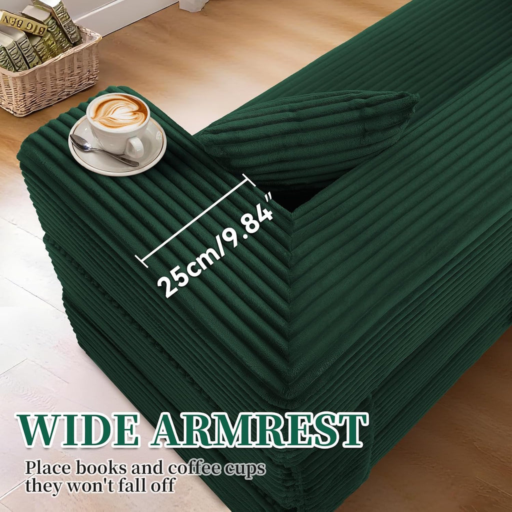 KBQ 3-Seat Convertible Sleeper Sofa Bed with 3 Pillows, Boneless Sofa in a Box Corduroy Folding Mattress Couch, Floor Sofa Lounge Couch for Living Room Bedroom Lounge, Deep Green