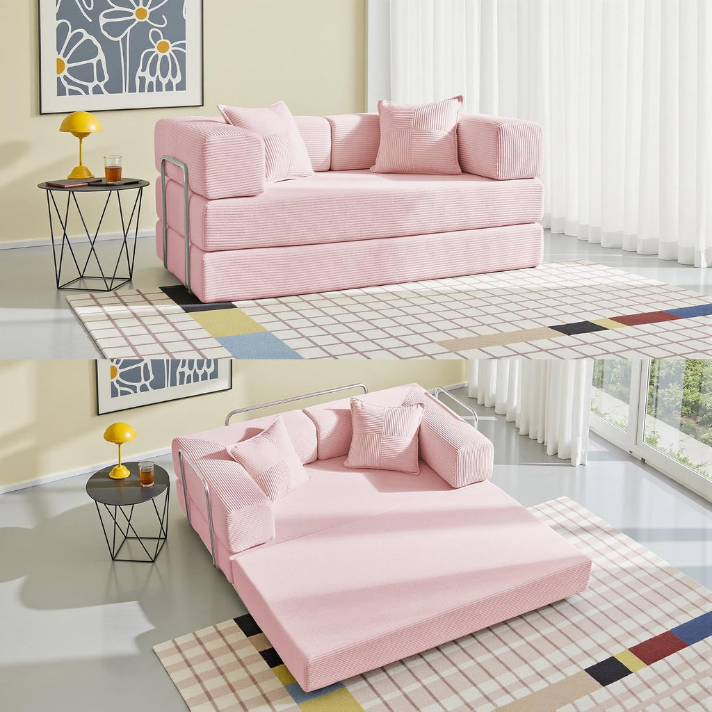 YINIX Sofa Bed, 62'' Folding Floor Couch, Compressed Convertable Sleeper Sofa, Memory Foam Couch with Pillow Back Support Armrest, 4-in-1 Futon Sofa Bed for Living Room, Hot Pink