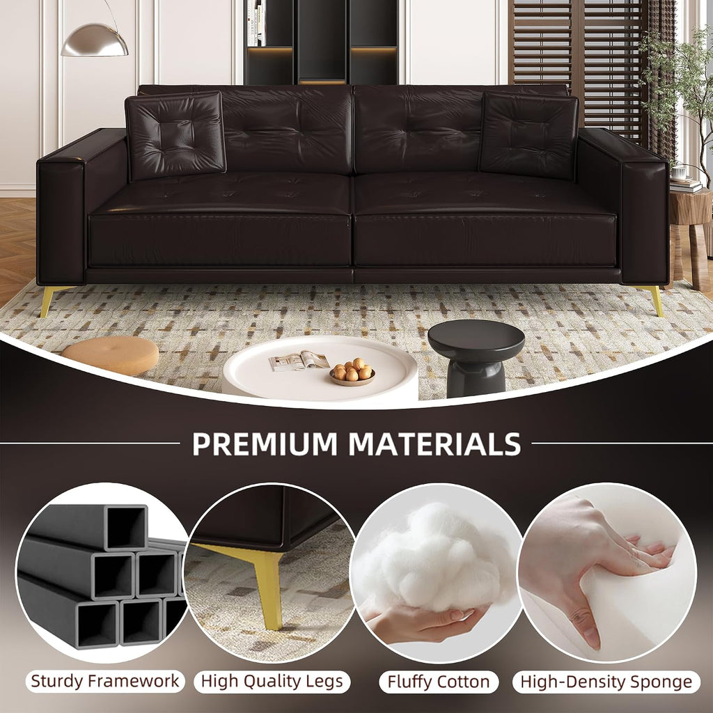 92.1'' Pull Out Sofa Bed King, Faux Leather Futon Couch, 3-in-1 Convertible Sleeper Sofa with Tufted Back, Gold Furniture Legs, Deep Loveseat for Living Room, Apartment, Office, Dark Brown