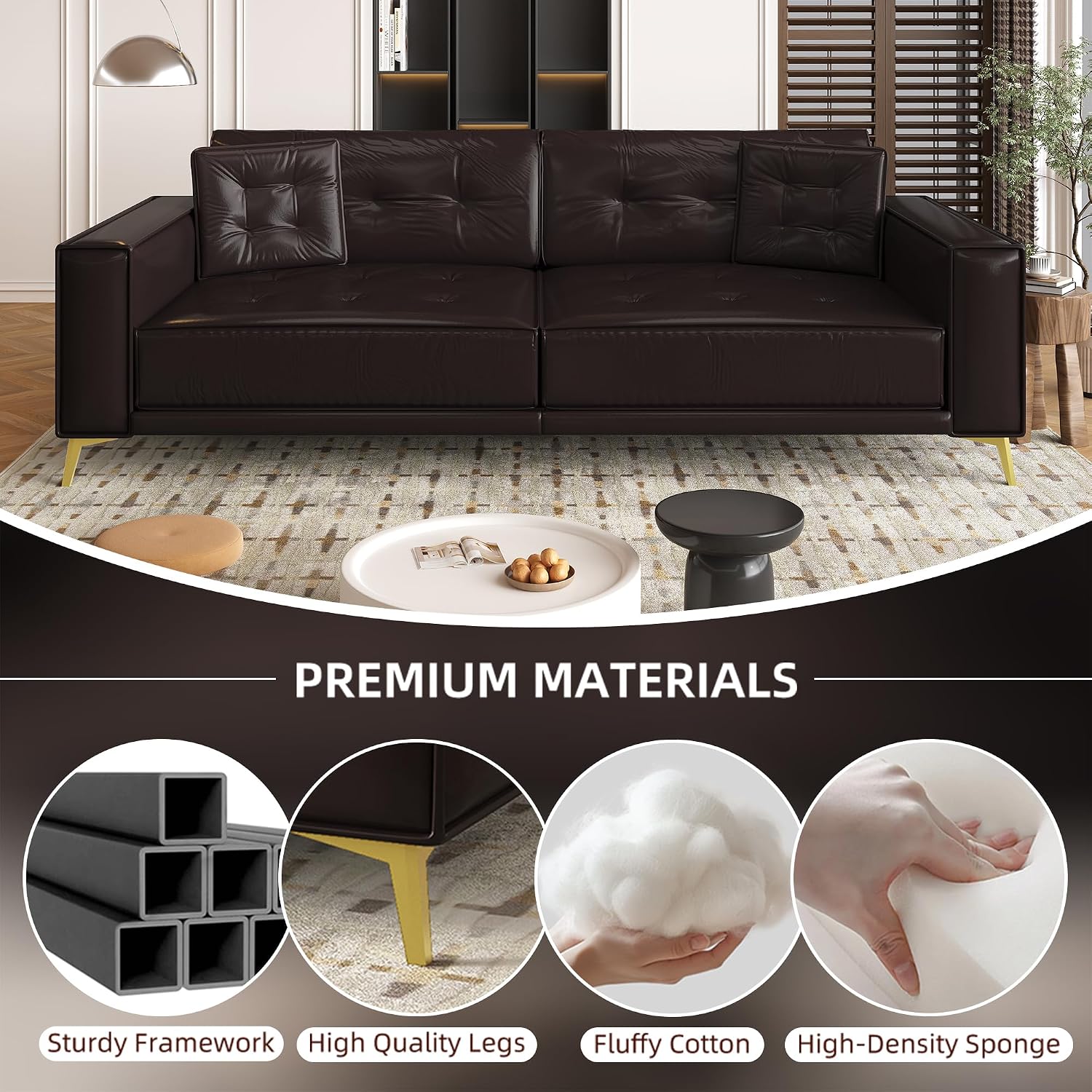 92.1'' Pull Out Sofa Bed King, Faux Leather Futon Couch, 3-in-1 Convertible Sleeper Sofa with Tufted Back, Gold Furniture Legs, Deep Loveseat for Living Room, Apartment, Office, Dark Brown