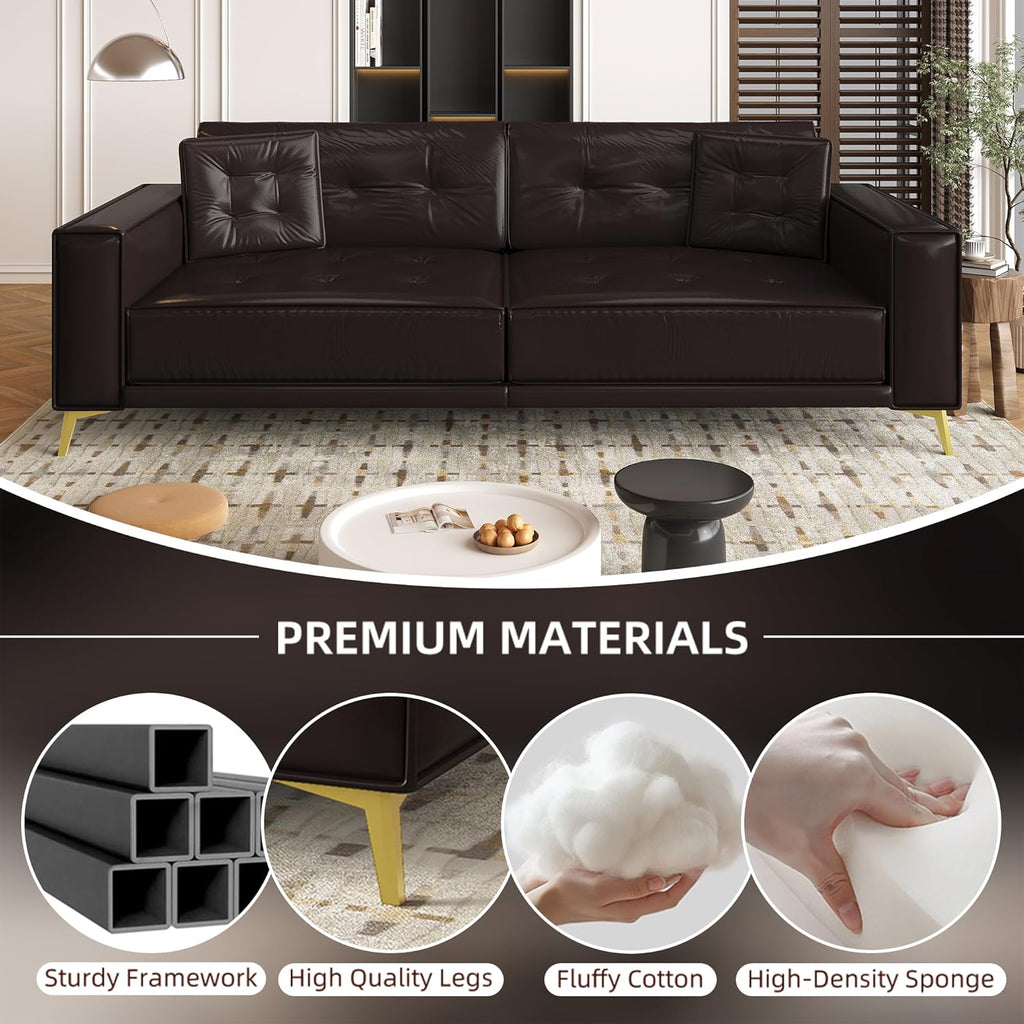 92.1'' King Pull Out Sofa Bed, Convertible Futon Couch, 3-in-1 Faux Leather Sleeper Sofa with Tufted Back, 2 Pillows, Gold Legs, Deep Folding Loveseat for Living Room, Apartment, Dark Brown