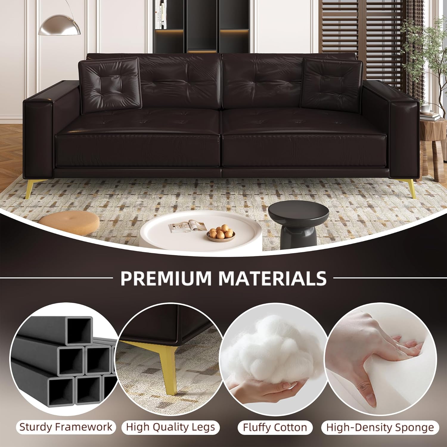 92.1'' King Pull Out Sofa Bed, Convertible Futon Couch, 3-in-1 Faux Leather Sleeper Sofa with Tufted Back, 2 Pillows, Gold Legs, Deep Folding Loveseat for Living Room, Apartment, Dark Brown