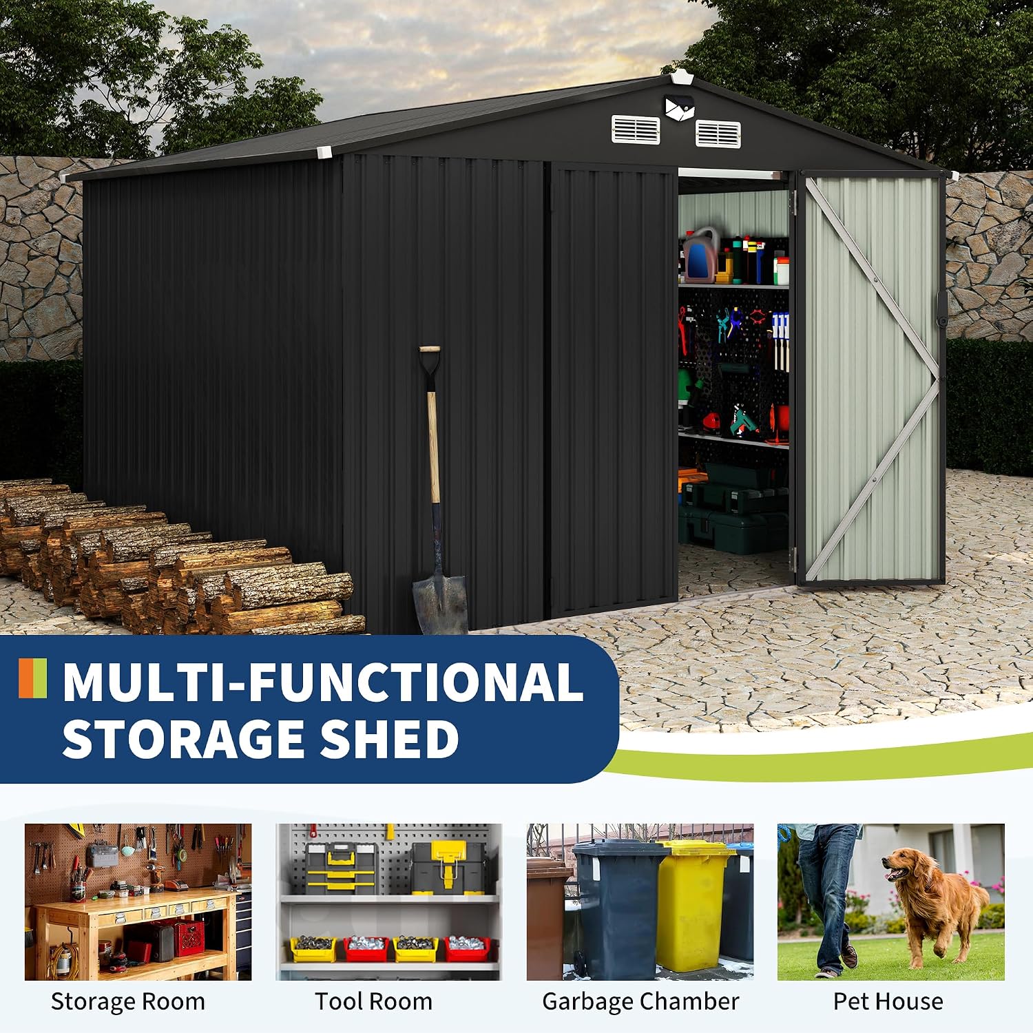8X10 FT Metal Storage Sheds Outdoor, Metal Yard Sheds Garden Shed Kit, Tool Shed with Lockable Door, Utility Sheds Buildings with Air Vent for Backyard Garden Patio Lawn