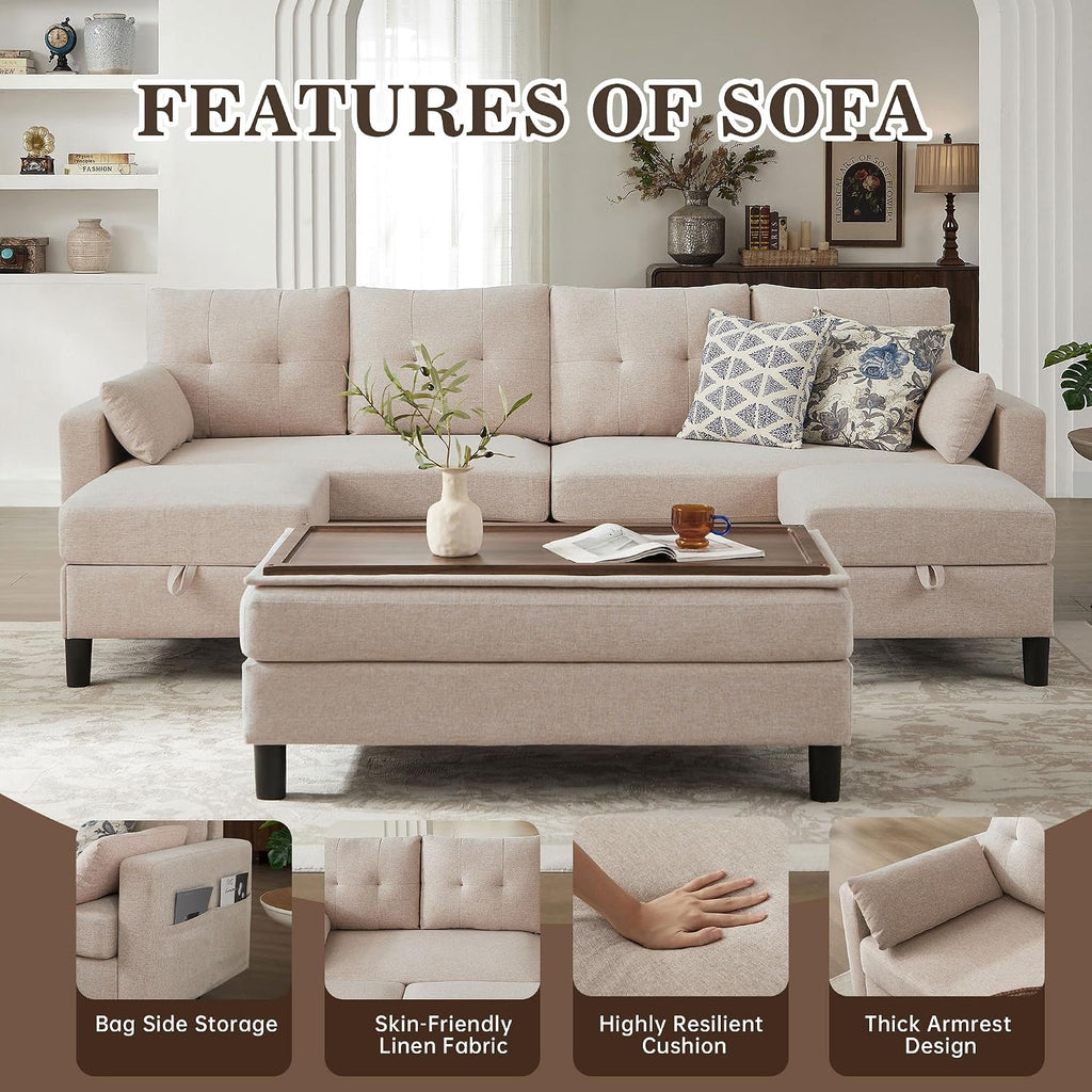 101' Convertible Sectional Sofa with Ottoman Coffee Table, Modern Linen Fabric U-Shaped Couch with Storage Pocket, 4 Seat Sofa Couches for Living Room, Apartment, Office, Beige