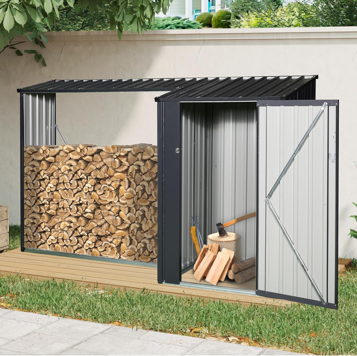 JT 9 x 3 FT Metal Firewood Rack, Galvanised Steel Garden Log Storage Shed, Metal Firewood Shed Holder, Outdoor Log Rack for Backyard, Two-in-One, Black