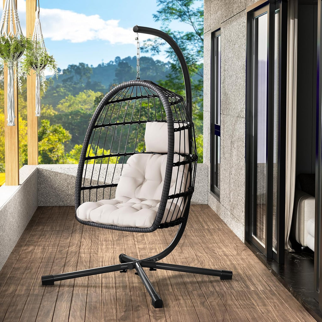 LEVELEVE Egg Chair with Stand,Patio Rattan Wicker Hanging Swing Egg Chair Hammock Chair for Bedroom Porch Garden,Thickened Aluminum Alloy Steel Frame and UV Resistant Cushion,350LBS Capacity