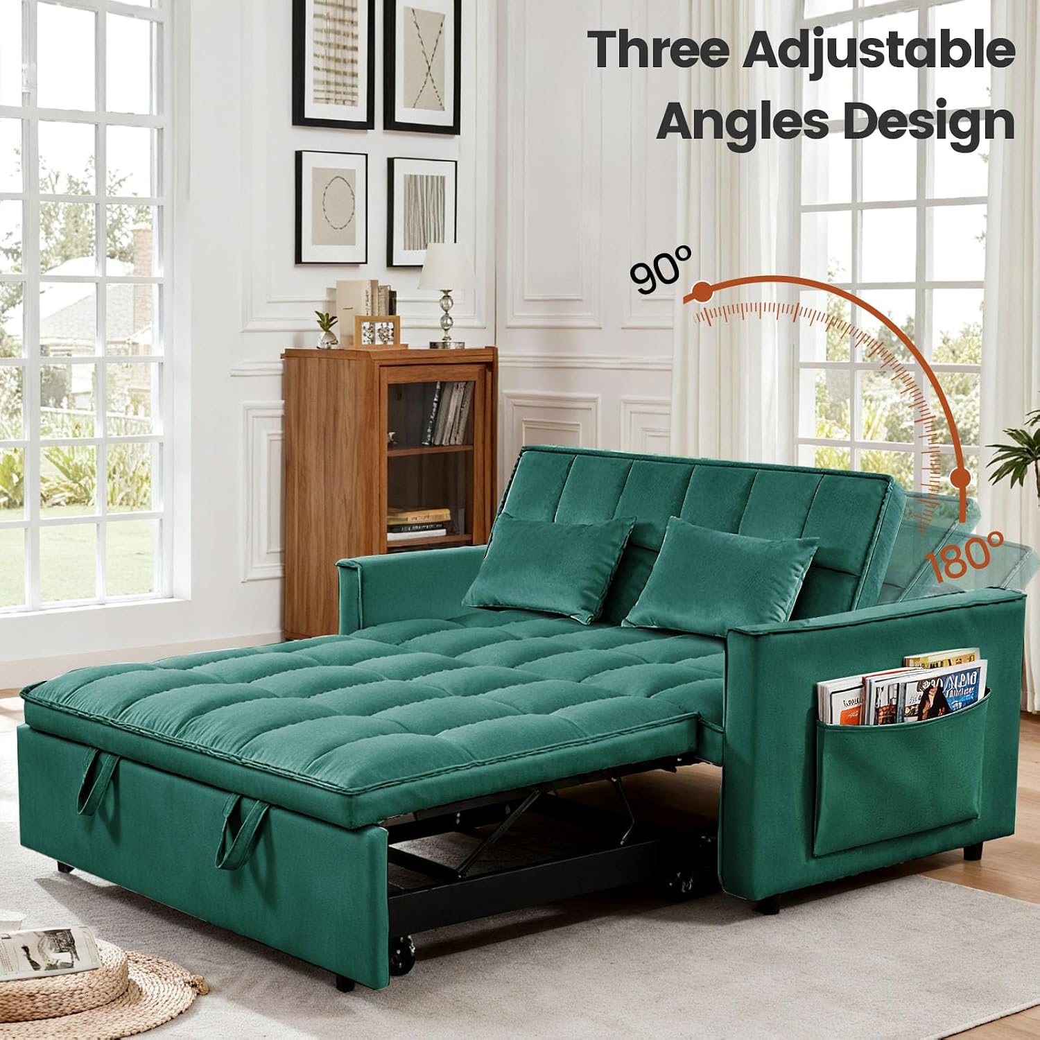 Convertible Sofa Bed, Pull Out Couch with Side Pockets, 3 in 1 Velvet Fabric Loveseat Sleeper Sofa Bed with Adjustable Backrest for Living Room, Bedroom, Apartment, Green