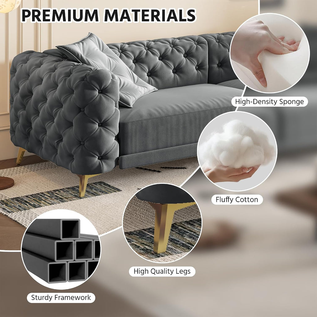 97.7' King Pull Out Sofa Bed, Velvet Chesterfield Sleeper Sofa Couch, 3 in 1 Convertible Tufted Futon Couches with Ottoman for Living Room, Small Space, Apartment, Office, Bedroom, Dark Gray