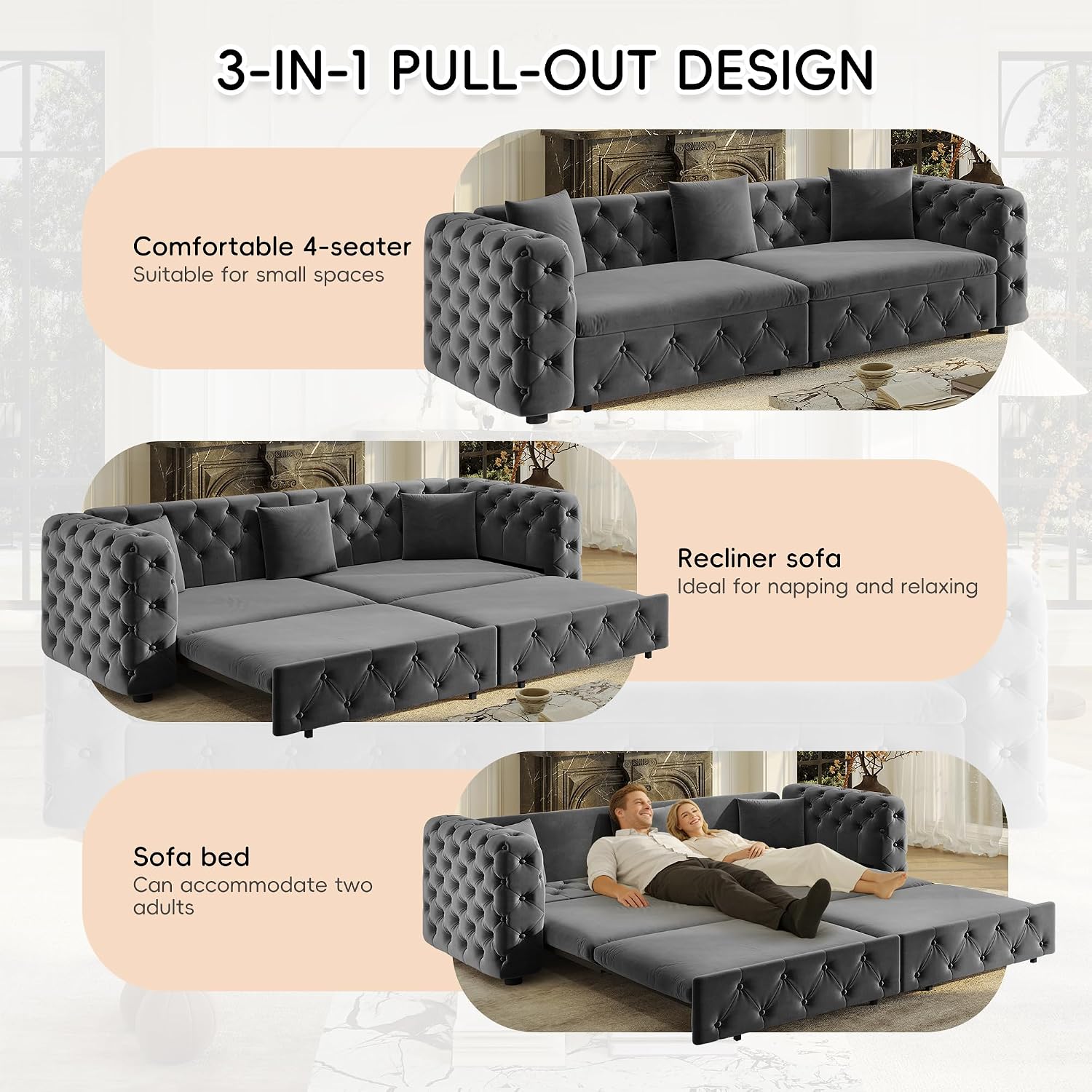 89' Pull Out Sofa Bed King Size, Velvet Chesterfield Sleeper Sofa Couch, 3 in 1 Convertible Recliner, Modern Tufted Deep Seat Couches for Living Room, Small Space, Apartment, Concrete Gray