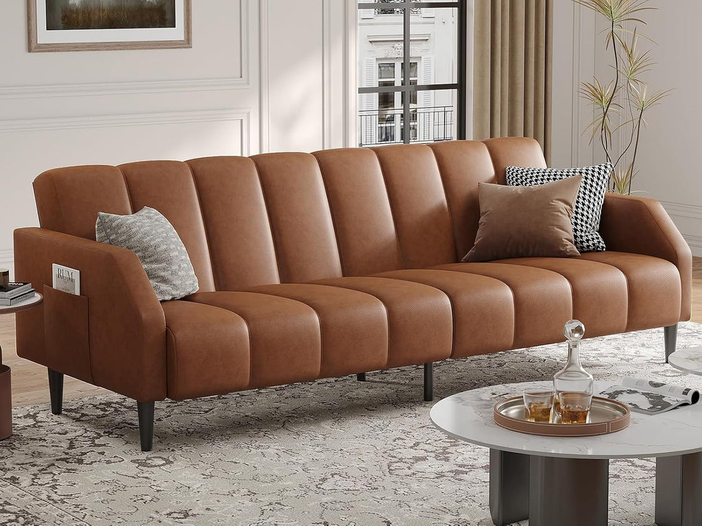 Fadware Faux Leather Couch, Convertible Futon Sofa Bed with Adjustable Backrest, Mid Century Leather Sofa Loveseat with Side Pockets& Metal Leg, Modern Leather Sleeper Sofa for Living Room Bedroom