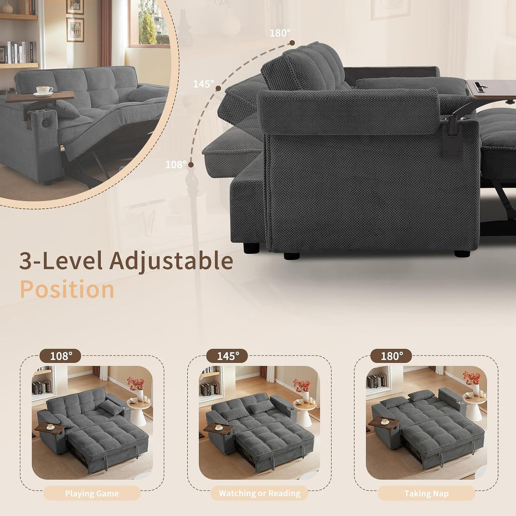 hansones 65'' 3-in-1 Folding Convertible Sofa Bed, Queen Size Pullout Sofa, Modern Chenille Fabric, 360° Swivel Side Table, Easy Assembly, Perfect for Living Room