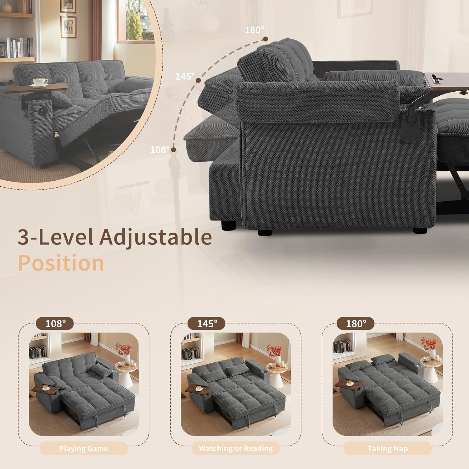hansones 65'' 3-in-1 Folding Convertible Sofa Bed, Queen Size Pullout Sofa, Modern Chenille Fabric, 360° Swivel Side Table, Easy Assembly, Perfect for Living Room