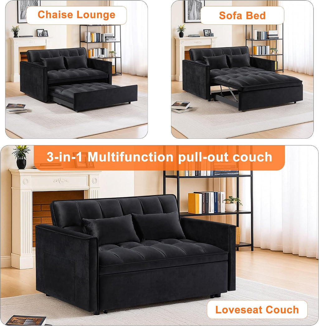 54' Sleeper Sofa Bed, Velvet Pull Out Couch with Adjustable Backrest, 3-in-1 Convertible Futon Loveseat Sleeper Sofa Couch for Small Spaces, Living Room (Black)