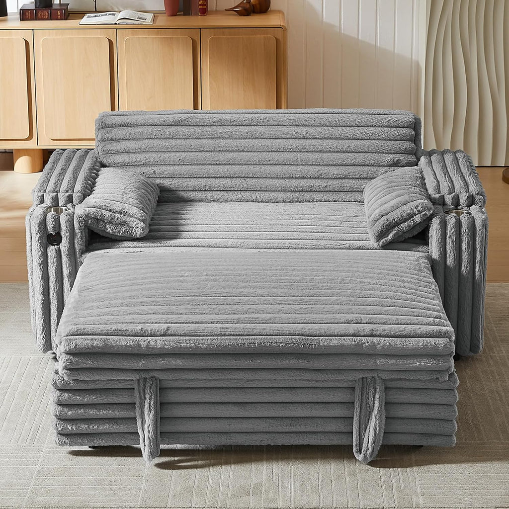 hansones 68.11' Corduroy Sleeper Chair Bed with USB Port, Cup Holders & Side Storage Pockets – 3-in-1 Foldable Sofa Bed for Guest Room, Living Room– Gray