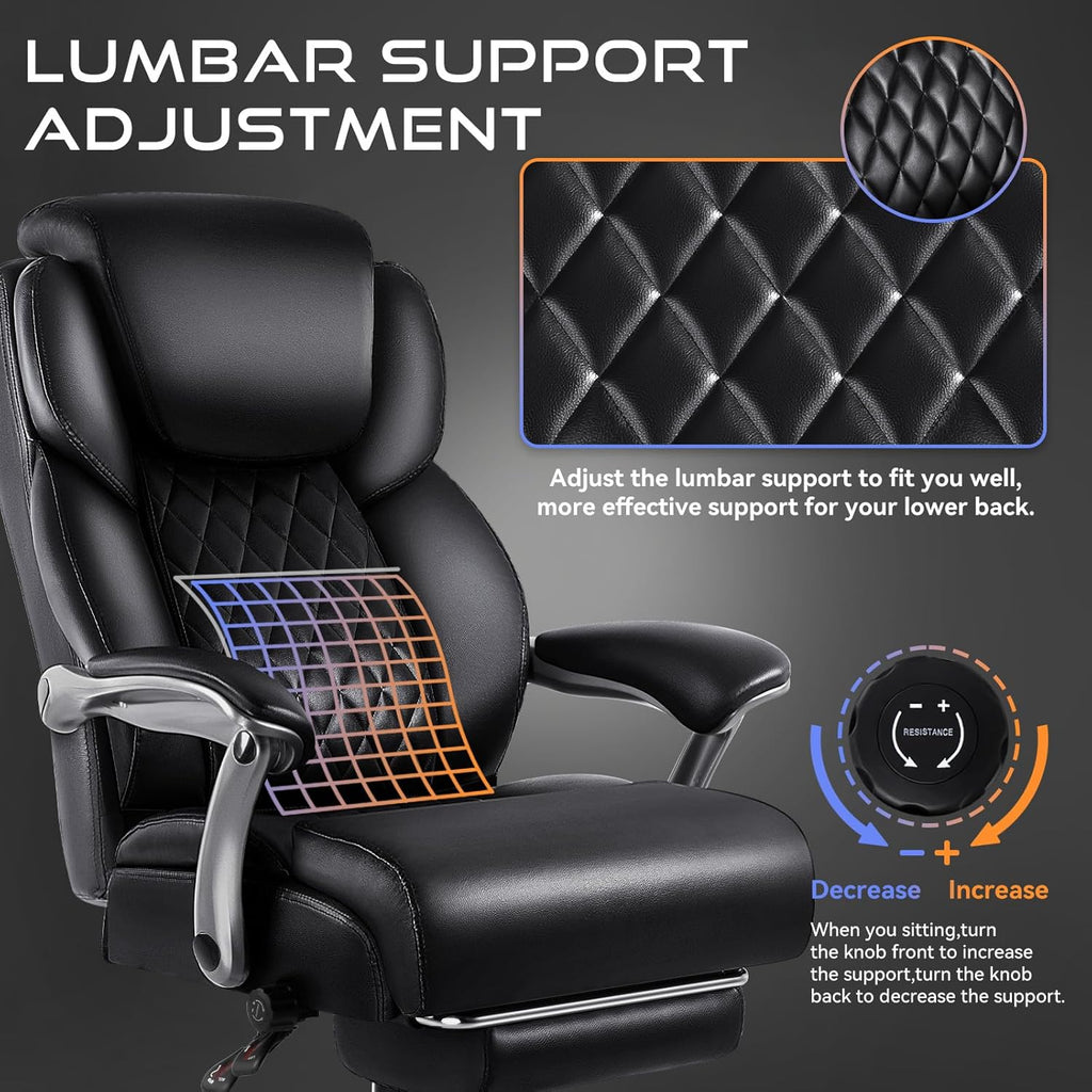 OFIKA 600lbs Big and Tall Office Chair with Foot Rest and Lifting Headrest,Large Heavy Duty Chair with Adjustable Lumber Support,Executive Office Chair,Leather Chair for Heavy People (Black)