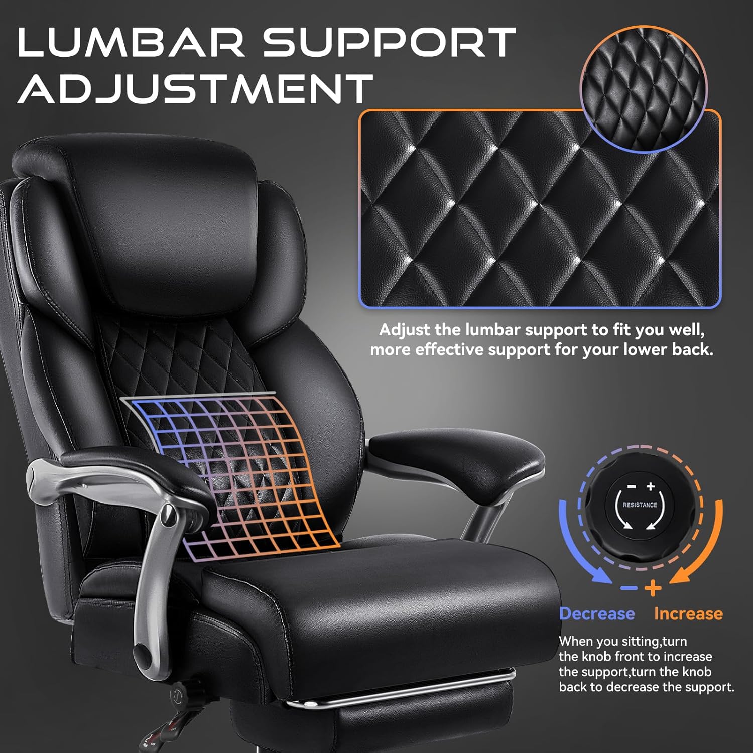 OFIKA 600lbs Big and Tall Office Chair with Foot Rest and Lifting Headrest,Large Heavy Duty Chair with Adjustable Lumber Support,Executive Office Chair,Leather Chair for Heavy People (Black)
