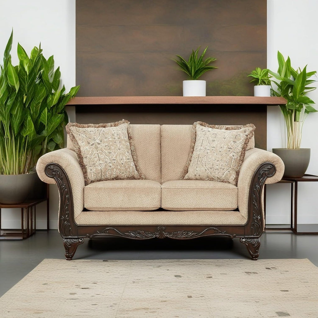 Hernen 2-Piece Living Room Set, Carved Wood Frame Sofa and Loveseat, Beige Wheat