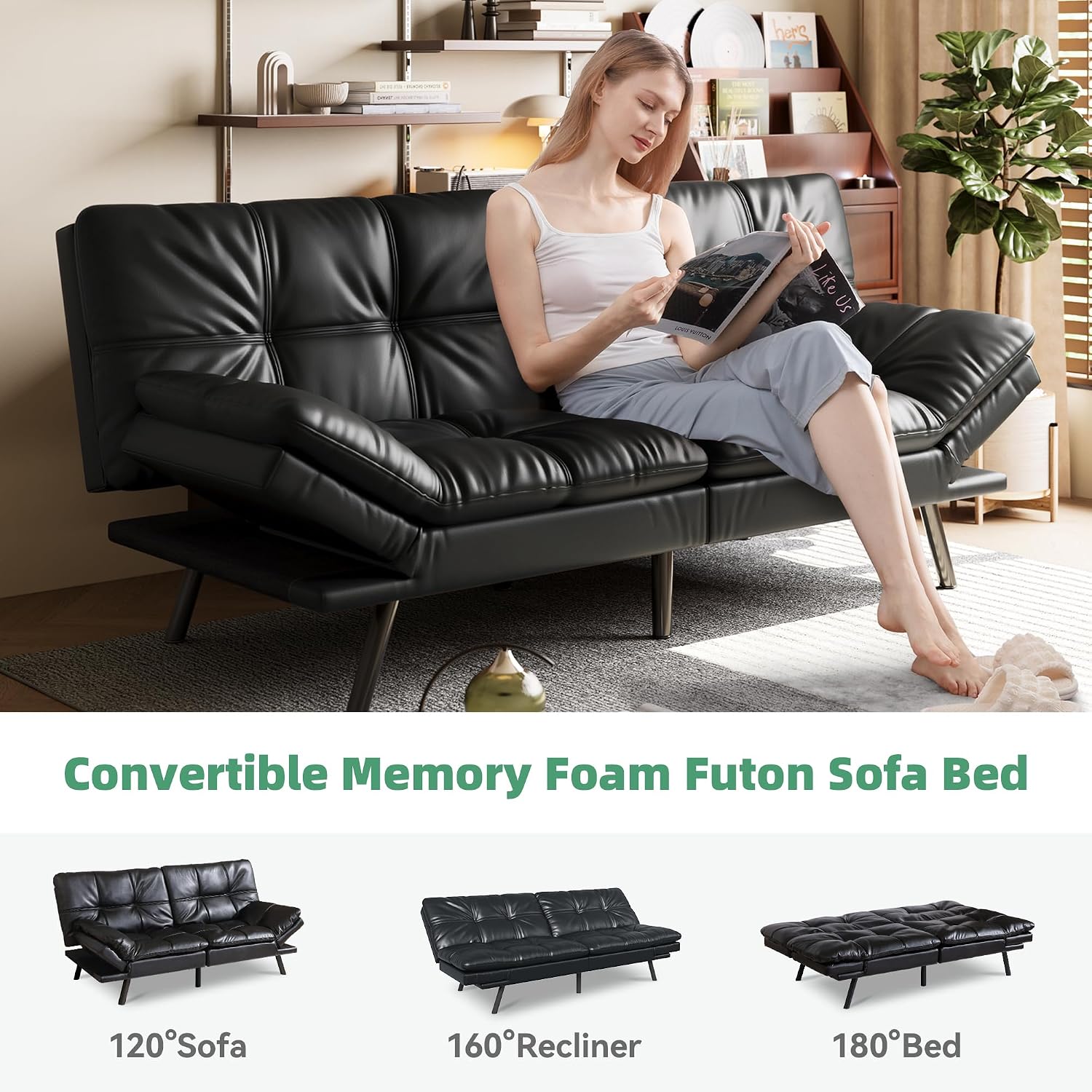 Opoiar 71' L Covertible Futon Sofa Bed,Faux Leather Futon Couch, Memory Foam Modern Loveseat Sleeper, Small Splitback Sofa Couches for Living Room,RV,Home Office,Apartment,Black