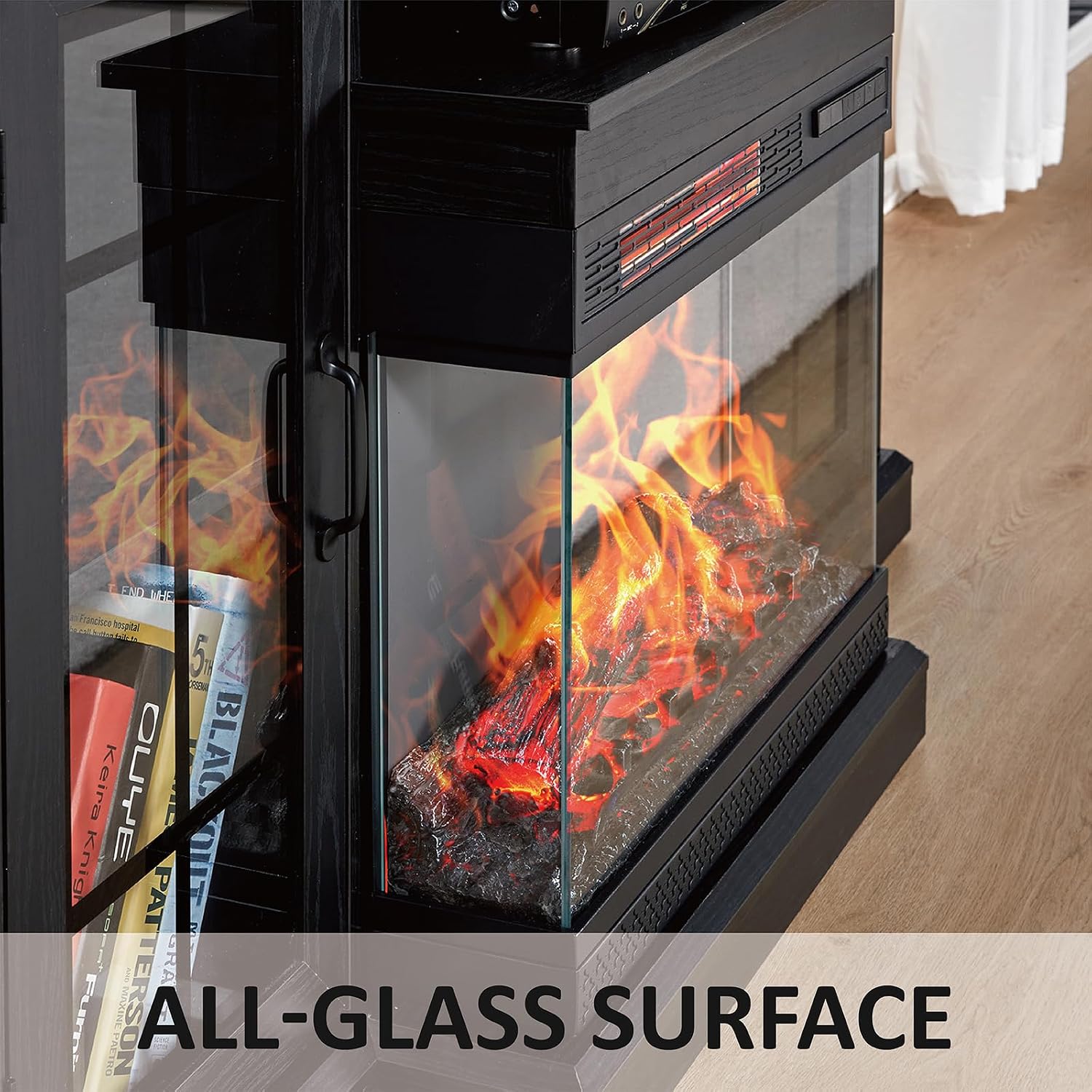 AMERLIFE 3-Sided Glass Fireplace TV Stand for TVs up to 65'', Media Entertainment Center Console Table with Door Closed Storage, Black
