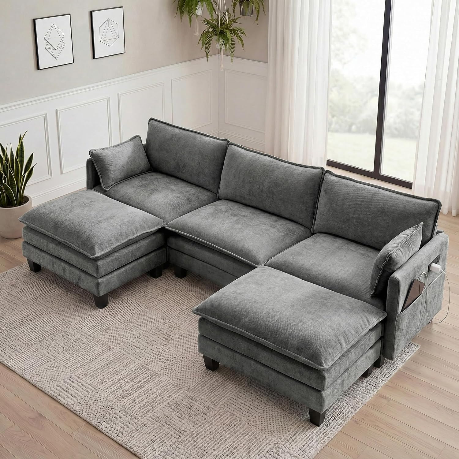 Eafurn Modular Sectional Sofa with Movable Ottomans for Living Room, 4 Seater Convertible U Shaped Sectional Couch Modern Reversible Chenille Sofa Set w/USB Ports and Side Pockets