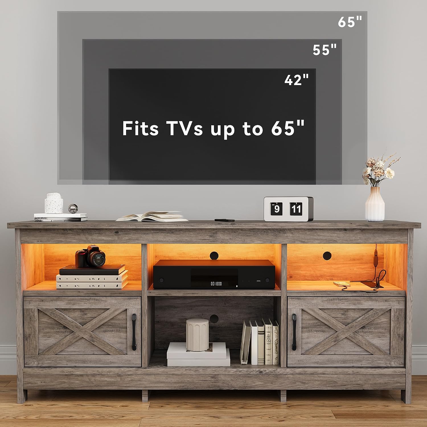 DWVO TV Stand for up to 65 Inch TV, Entertainment Center with Storage, TV Cabinet with Power Outlet & LED Light Strip, Media Console Television Stands for Living Room, Washed Grey