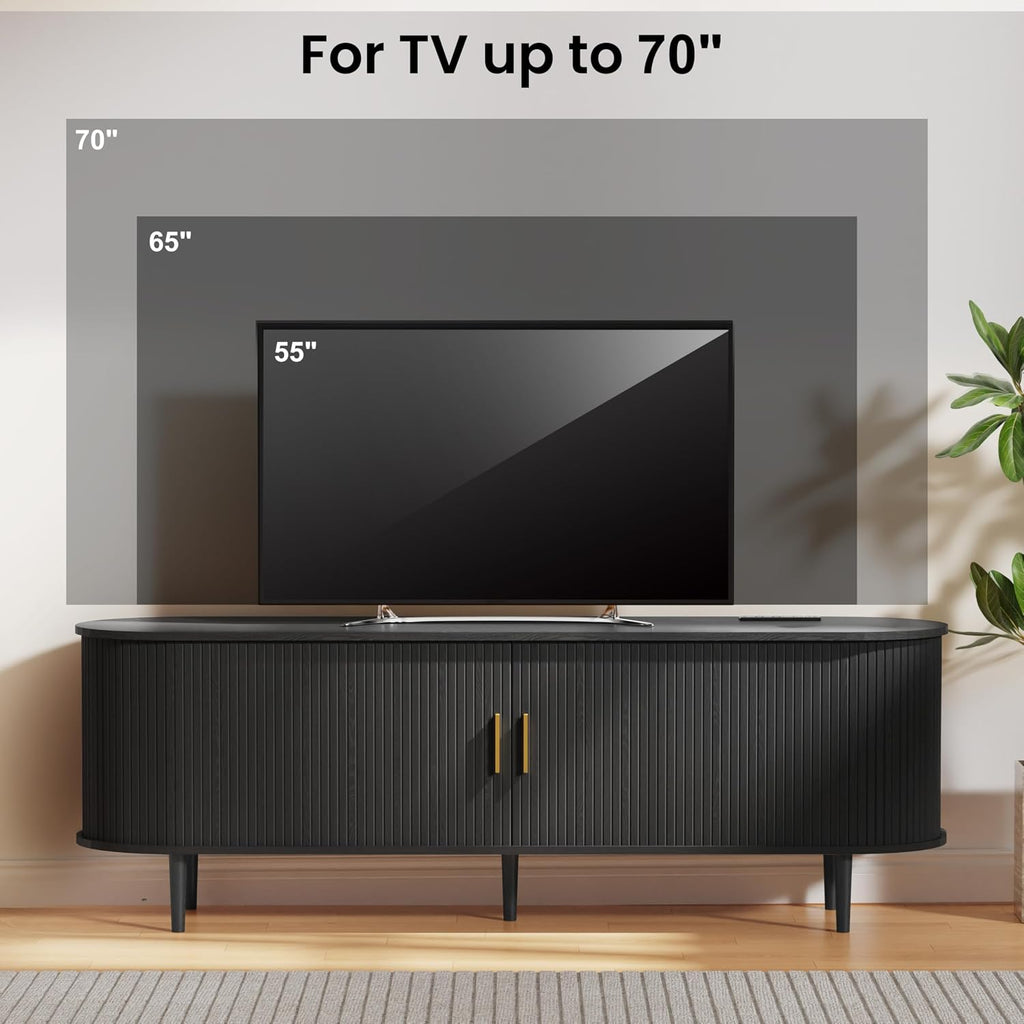 DHH 63 Inch Mid Century Modern TV Stand with Power Outlet for TVs up to 70 Inch, Entertainment Center with Storage and Adjustable Shelves, Media Console with Sliding Doors for Living Room(Black)