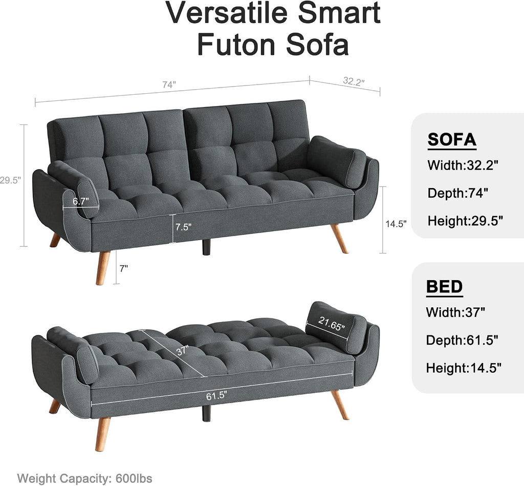 Futon Couch for Small Spaces & Apartment, 2-in-1Modern Comfy Loveseat Convertible Sofa Bed, 75.4-Inch Compact Design for Living Room, Dorms, and Studios-Dark Grey