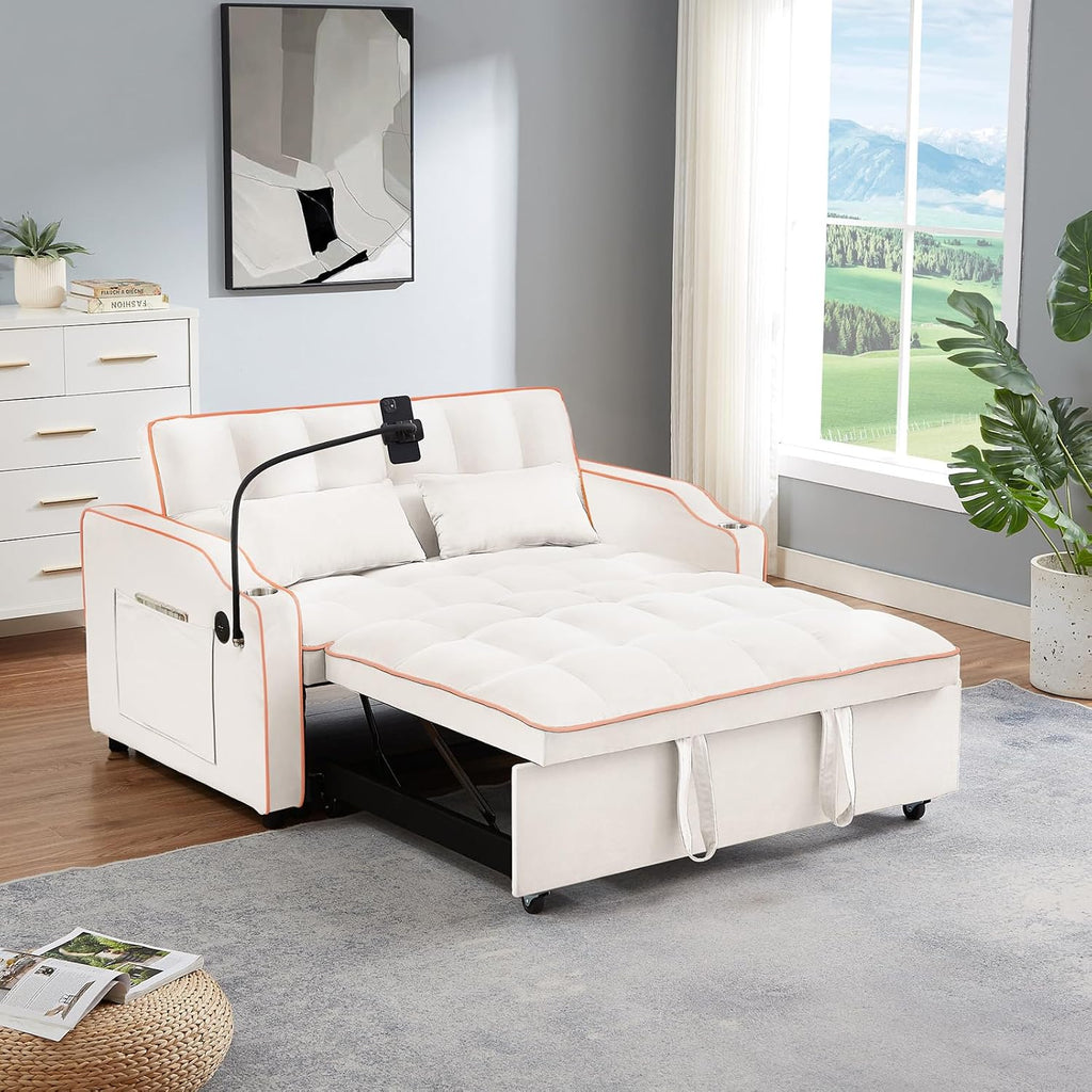 JEEOEHY 3 in 1 Convertible Sleeper Sofa Bed,Velvet Pull Out Couch Bed w USB&Type C Port,Comfy Futon Loveseat w Adjustable Backrest&Phone Stand&Cup Holder for Living Room Apartment Small Space(Beige)