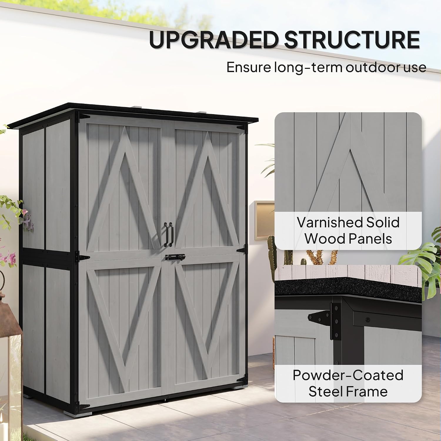 Outsunny Outdoor Storage Cabinet, Wood Garden Tool Shed with Steel Frame and Asphalt Roof, Garden Storage Shed with 2 Shelves, Lockable Doors and Adjustable Feet for Patio Backyard Lawn, Gray