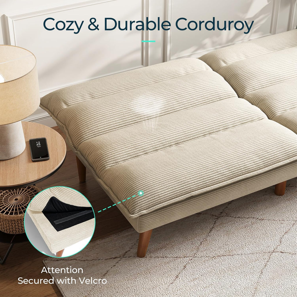 LINSY 71 Inch Futon Sofa Bed Corduroy Futon Couch with Adjustable Backrest, Convertible Folding Futons Sofa Couches for Small Spaces Living Rooms Apartment Office (Beige)