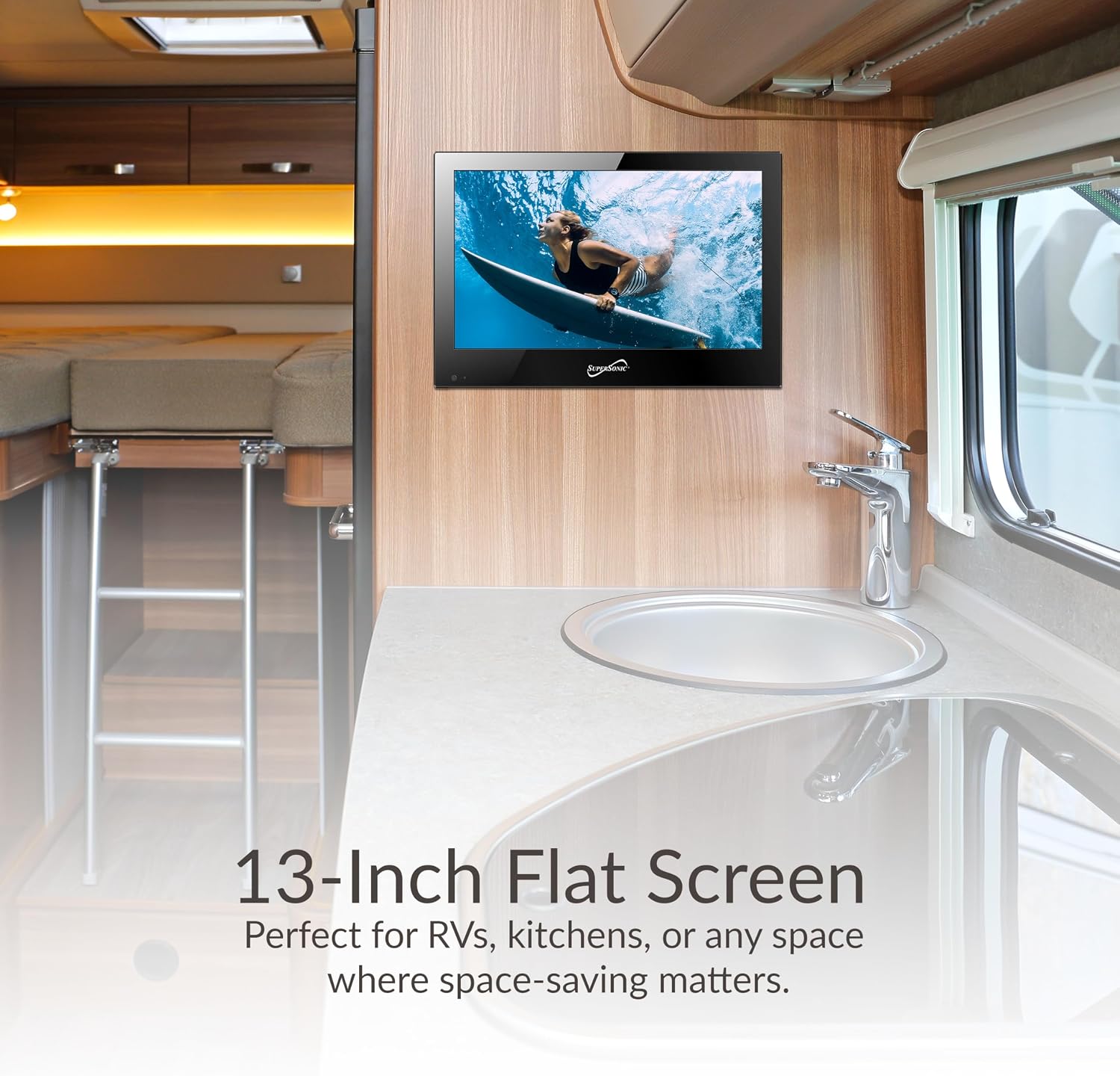 Supersonic SC-1311 13-Inch DLED HDTV with Dual Tuners, HDMI Input, Stunning 1080p Resolution, 16:9 Aspect Ratio, Vibrant Colors, USB Playback, Wall Mountable Design and AC/DC Compatibility