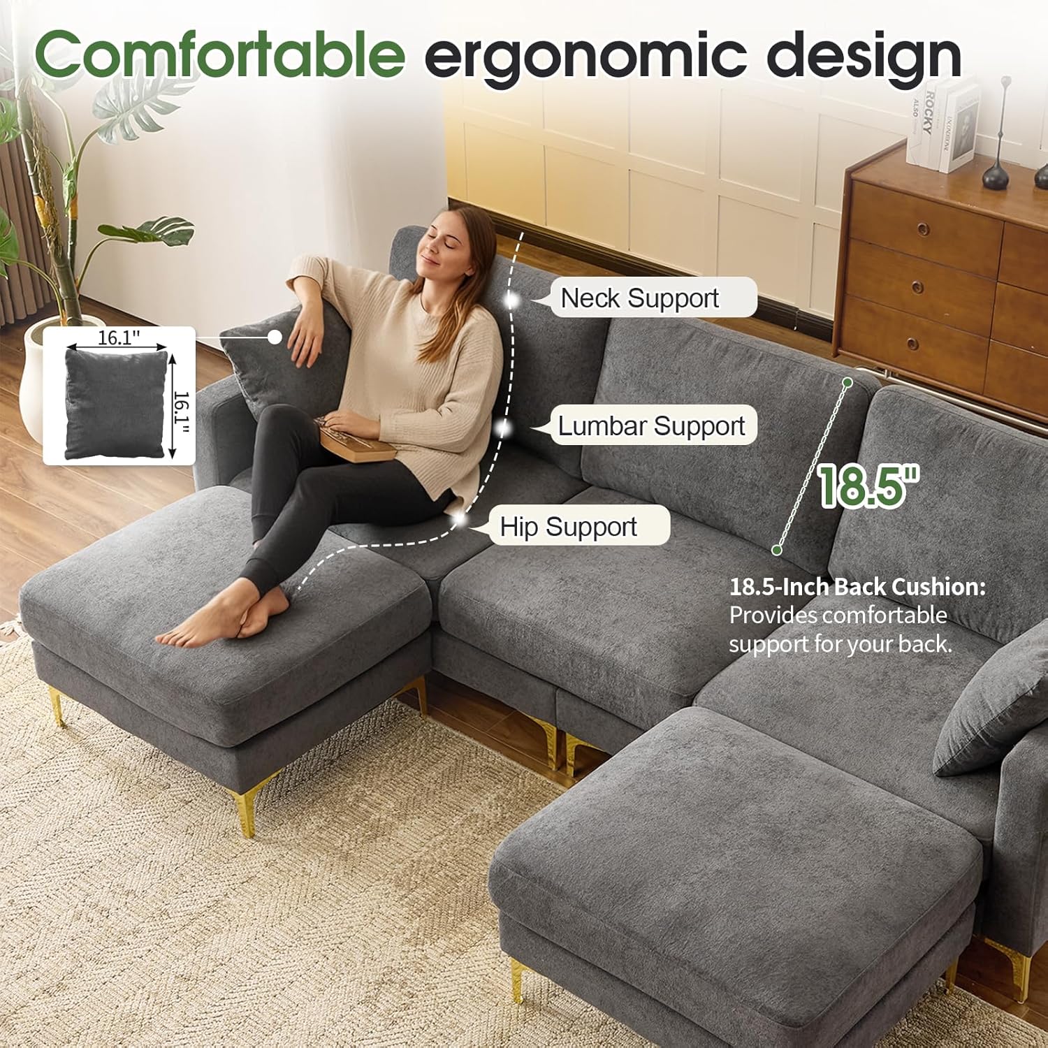VINGLI 100' W U Shaped Couch with Ottoman, 22' Deep Seat Comfortable Sectional Couches for Living Room, 3 Seater Chenille Fabric Cloud Sofa for Apartment, Small Spaces, Bedroom, Grey