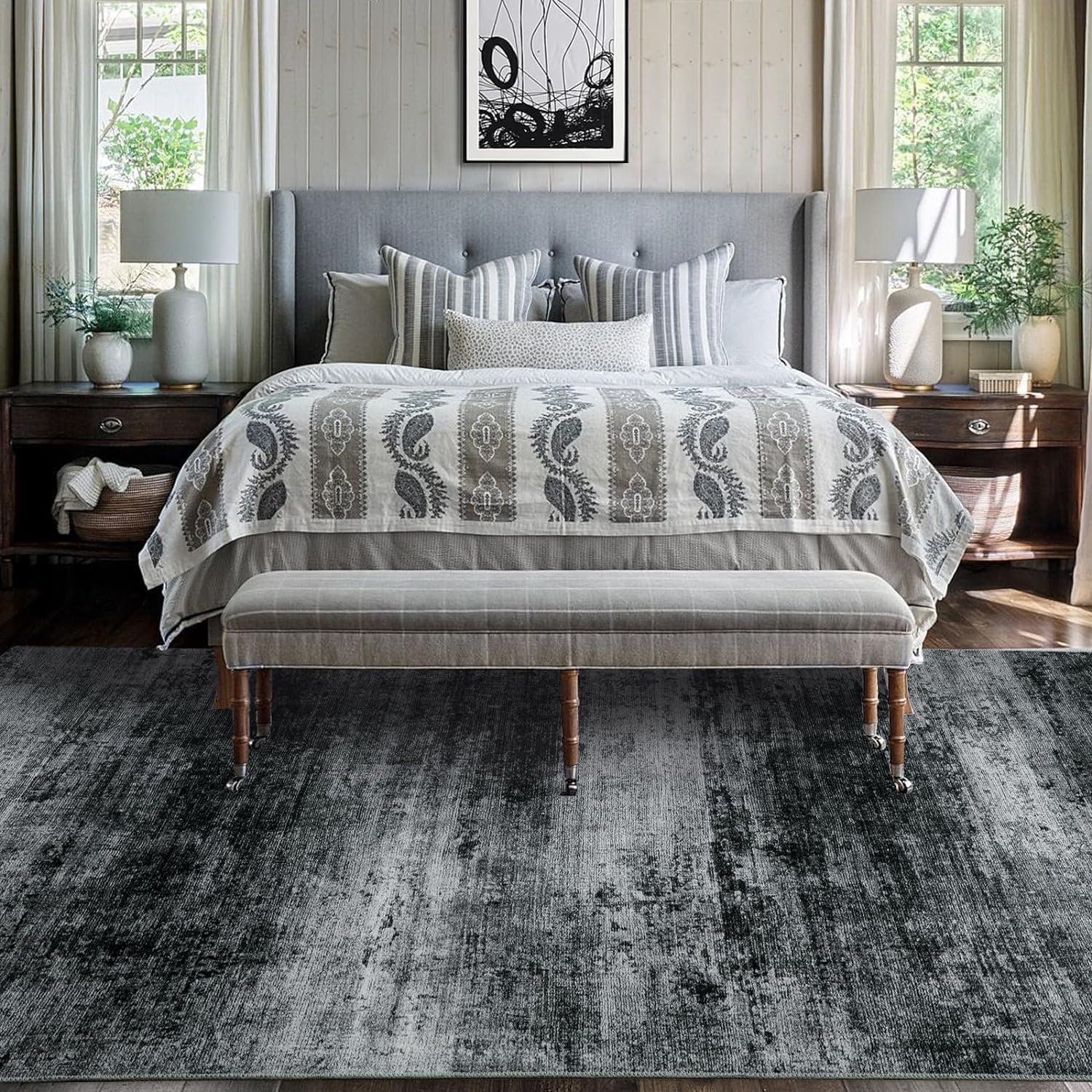 HOMBYS 12x15 ft Modern Abstract Area Rug for Living Room Bedroom, Large Boho Floor Carpet with Non-Slip Backing for Indoor Office Dining Room, Traditional Home Deco, Machine Washable, Black