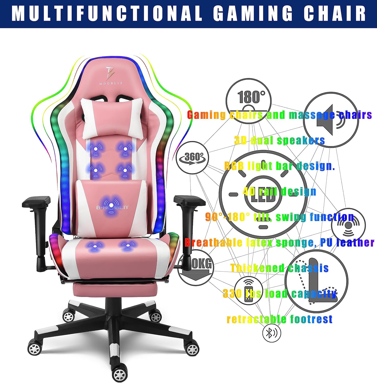 RGB LED Light Ergonomic Gaming Chair - Built-in Speakers, Full Body Massage, High-Back Office Recliner with Footrest - Comfortable Computer Chair Ideal for Adults and Teens.,Pink