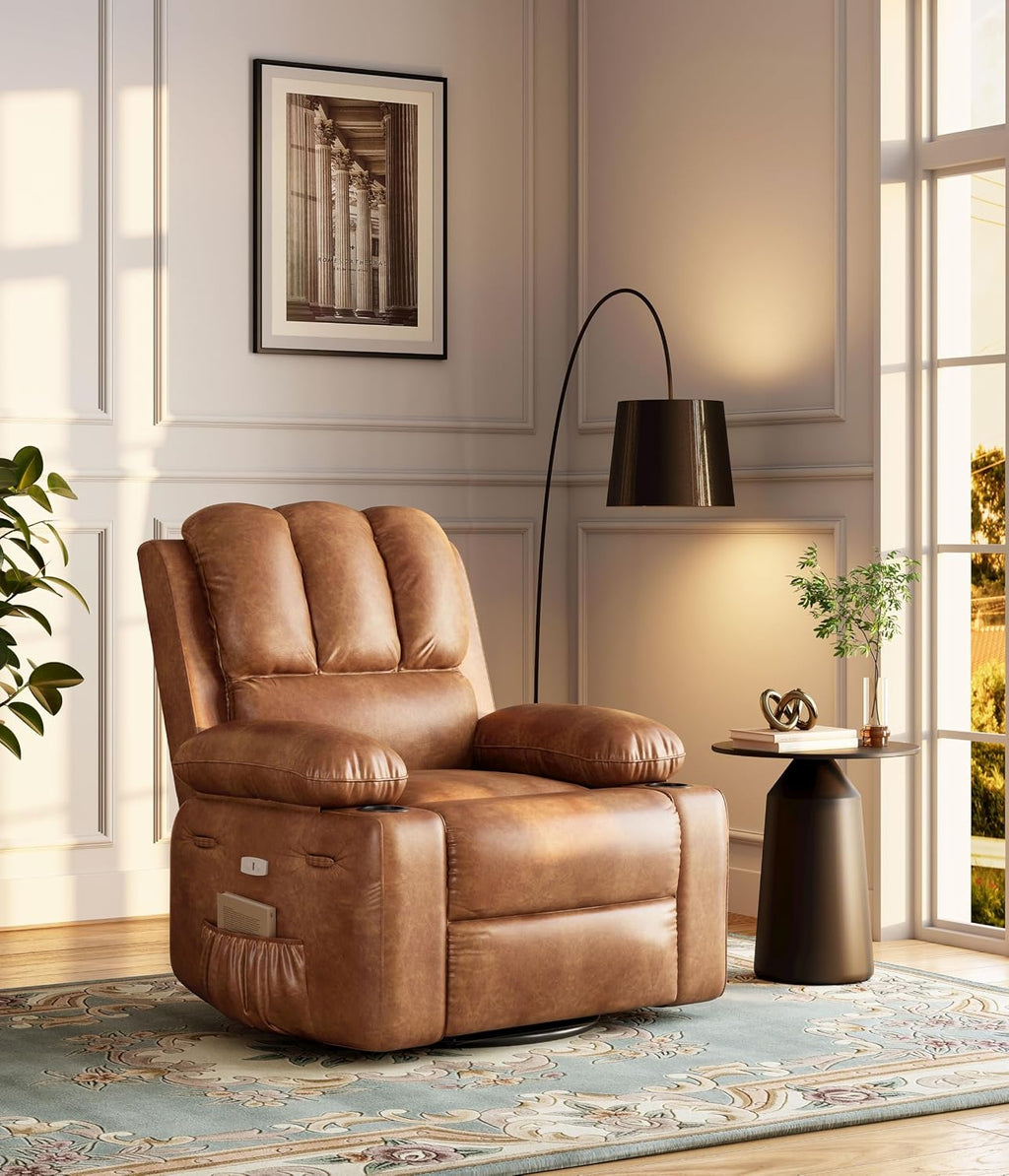 Electric Recliner Chair for Living Room, 360° Swivel Electric Massage Recliner Chair, with Massage & Heat, USB Port, Cup Holders, Side Pocket, Ergonomic Lounge, Adults, Nursery or Bedroom