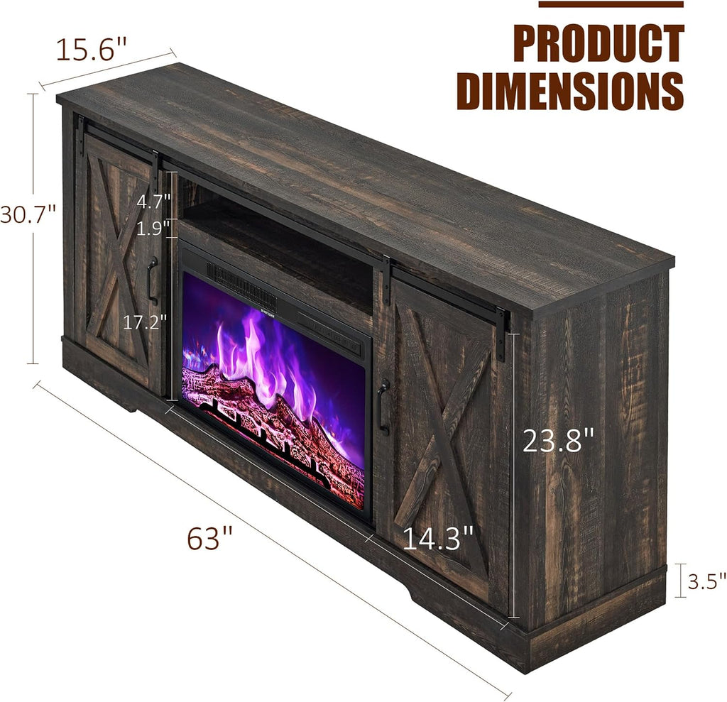 AMERLIFE Fireplace TV Stand with Sliding Barn Door for TVs up to 73', Farmhouse 63' Fireplace Entertainment Center with Storage Cabinets/Adjustable Shelves, Dark Rustic Oak