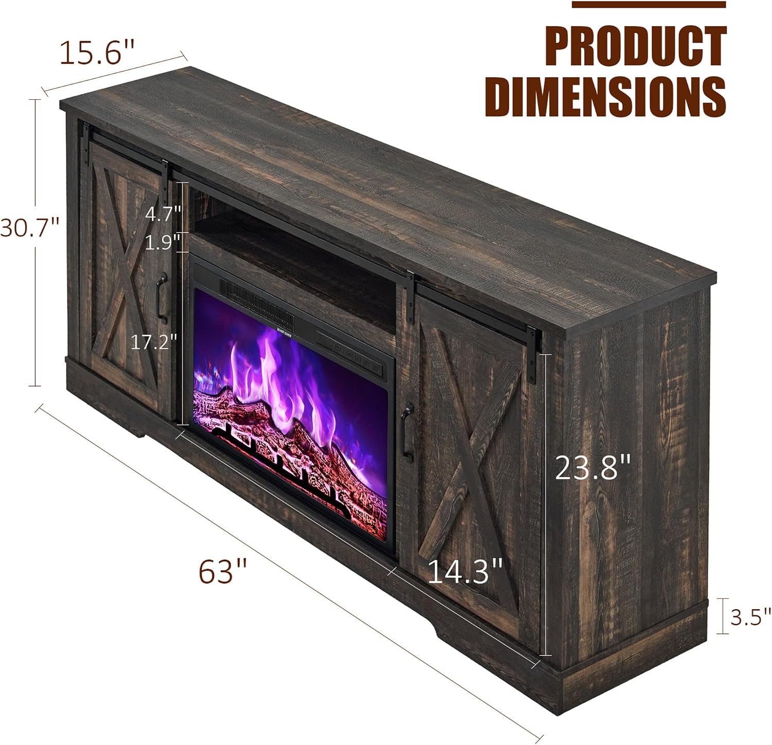 AMERLIFE Fireplace TV Stand with Sliding Barn Door for TVs up to 73', Farmhouse 63' Fireplace Entertainment Center with Storage Cabinets/Adjustable Shelves, Dark Rustic Oak