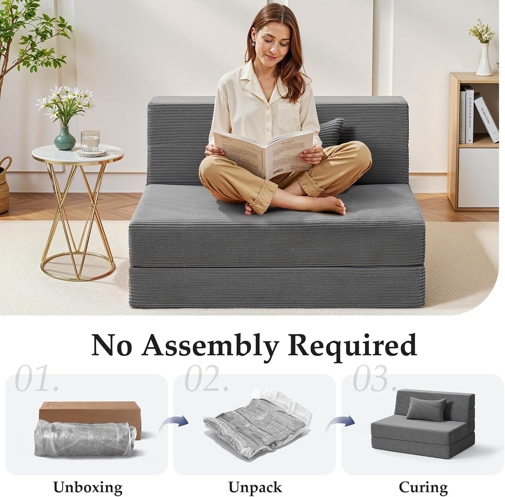 Youzi Folding Sofa Bed Convertible Sleeper Chair with Pillow, 4-in-1 Foldable Mattress Futon Couch Bed to Lounge Chair for Living Room, Bedroom, Dorm & Guest, Washable Cover, Dark Gray, Twin