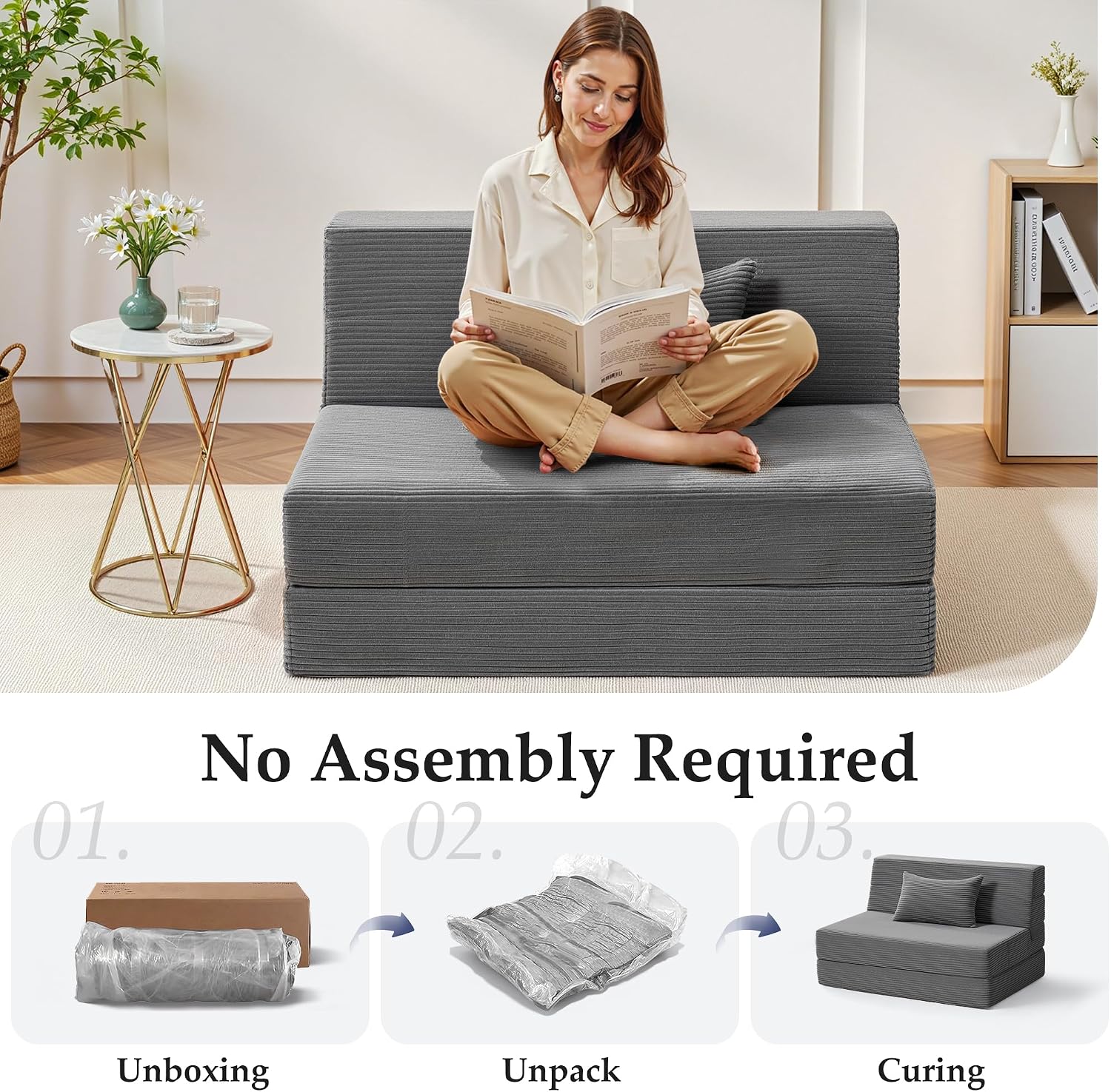 Youzi Folding Sofa Bed Convertible Sleeper Chair with Pillow, 4-in-1 Foldable Mattress Futon Couch Bed to Lounge Chair for Living Room, Bedroom, Dorm & Guest, Washable Cover, Dark Gray, Twin