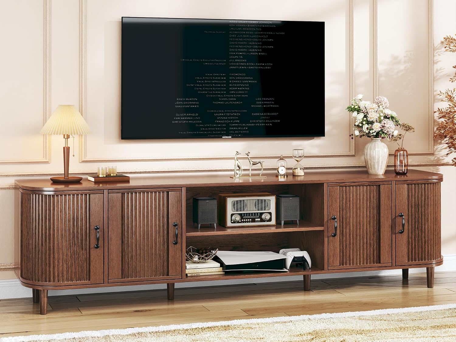 HUAHUU TV Stand for 75 inch TV, Mid Century Modern Entertainment Center for 55/60/65/75 inch TV, with Fluted Door Cabinets & Open Shelves, TV Consoles, Walnut