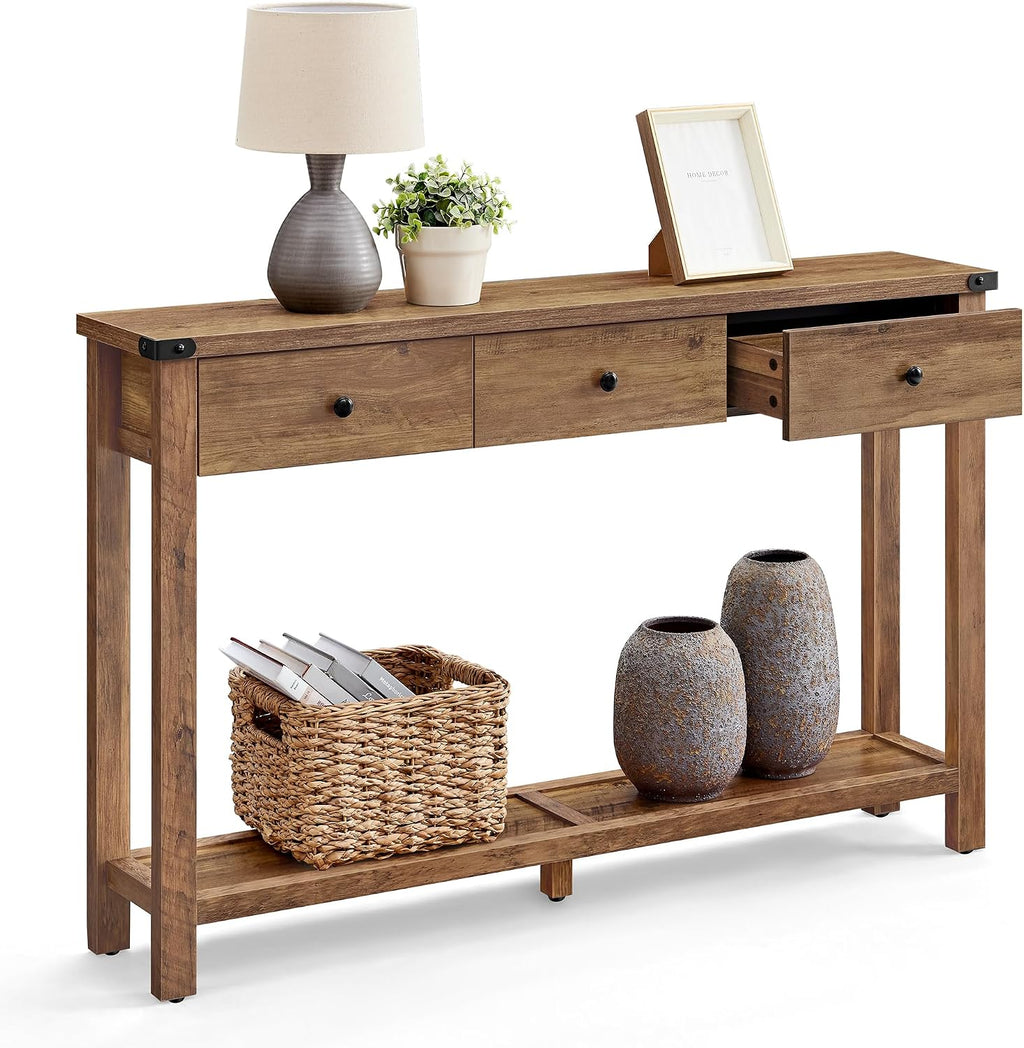 VASAGLE LIRY Collection - Console Table with 3 Drawers and Open Storage Shelf, Narrow Entryway Sofa Table for Living Room, Farmhouse Style, Metal Corners, Honey Brown ULNT142KB02S